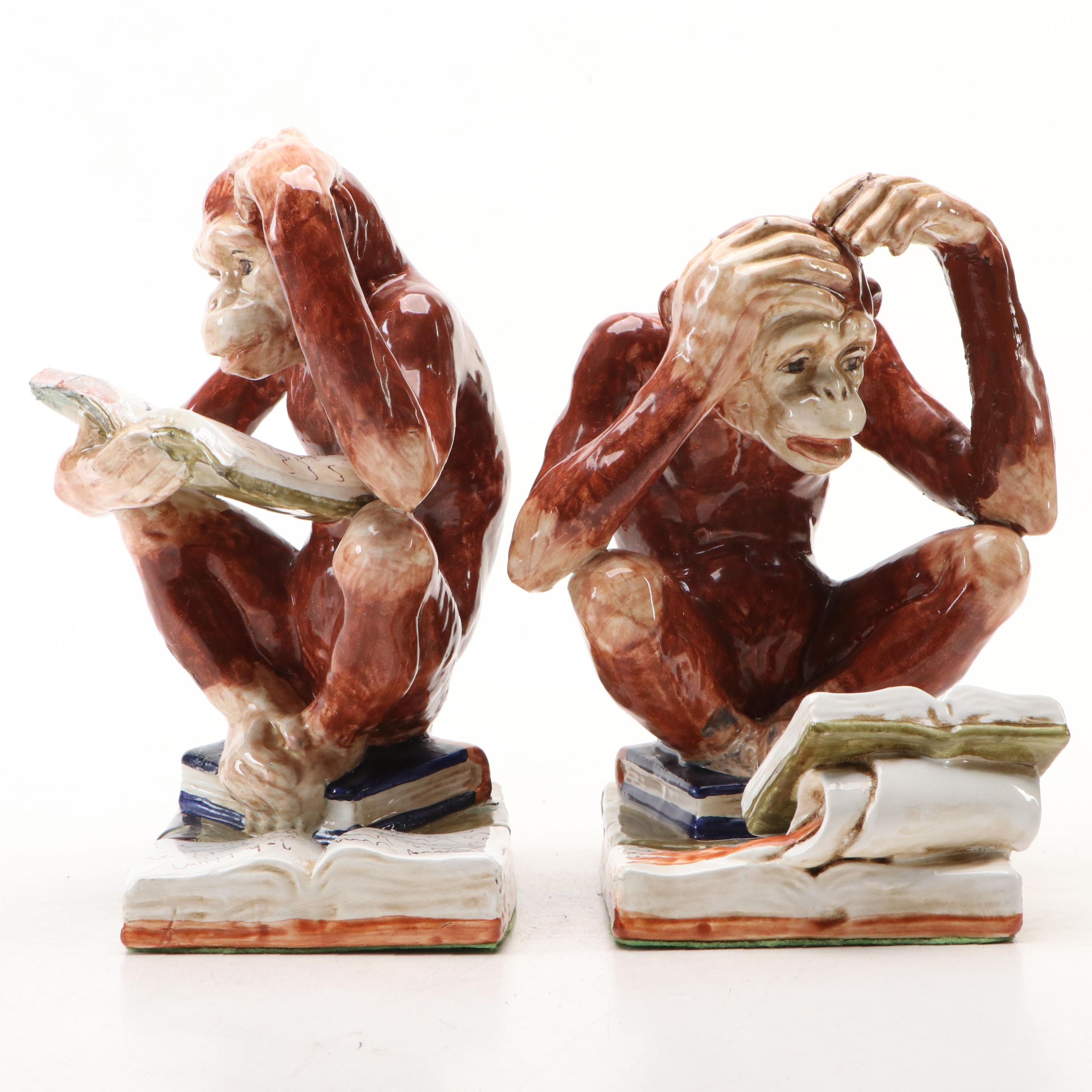 Italian Majolica Monkey Bookends, Mid to Late 20th Century