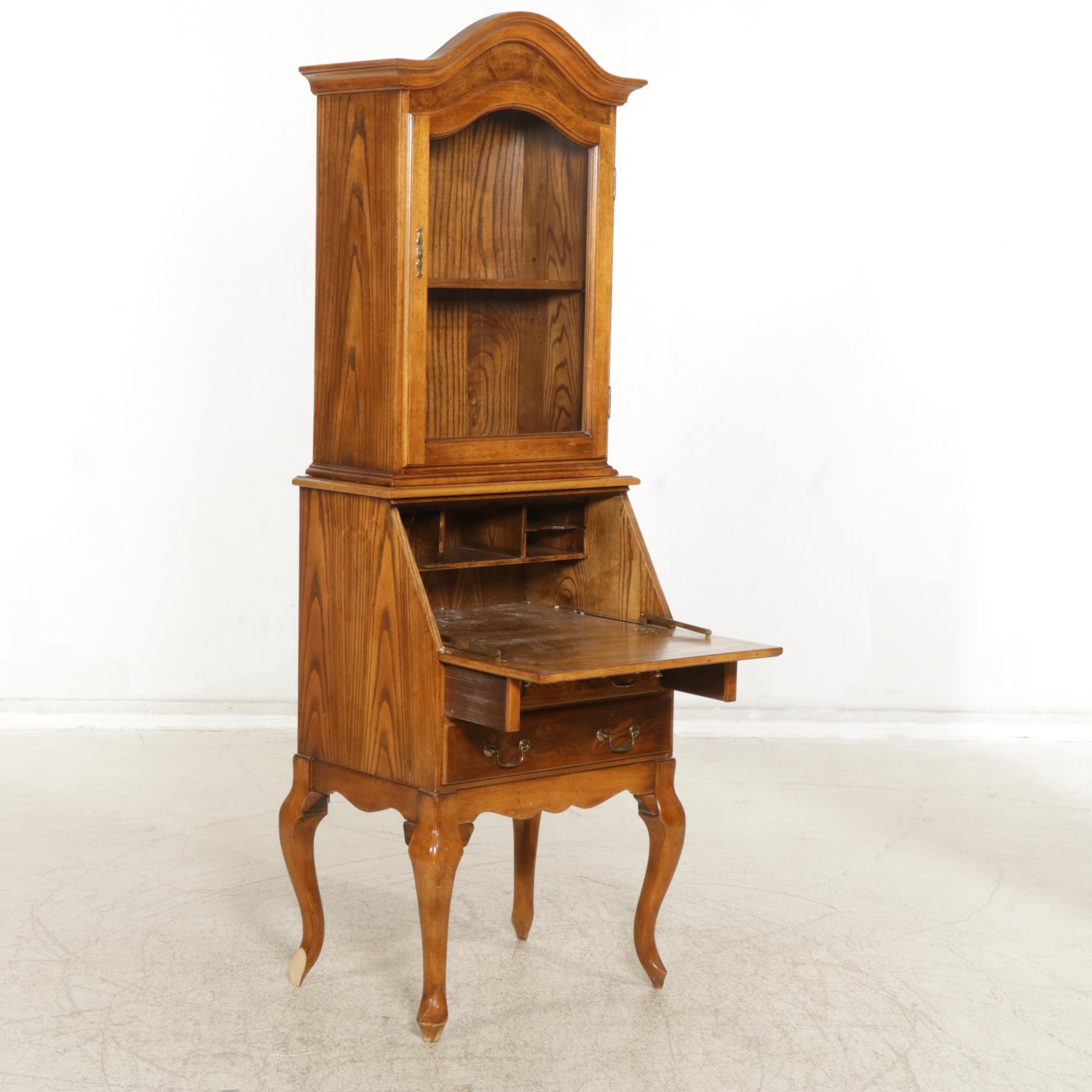 Queen Anne Style Oak and Burl Wood Secretary Desk, Late 20th Century