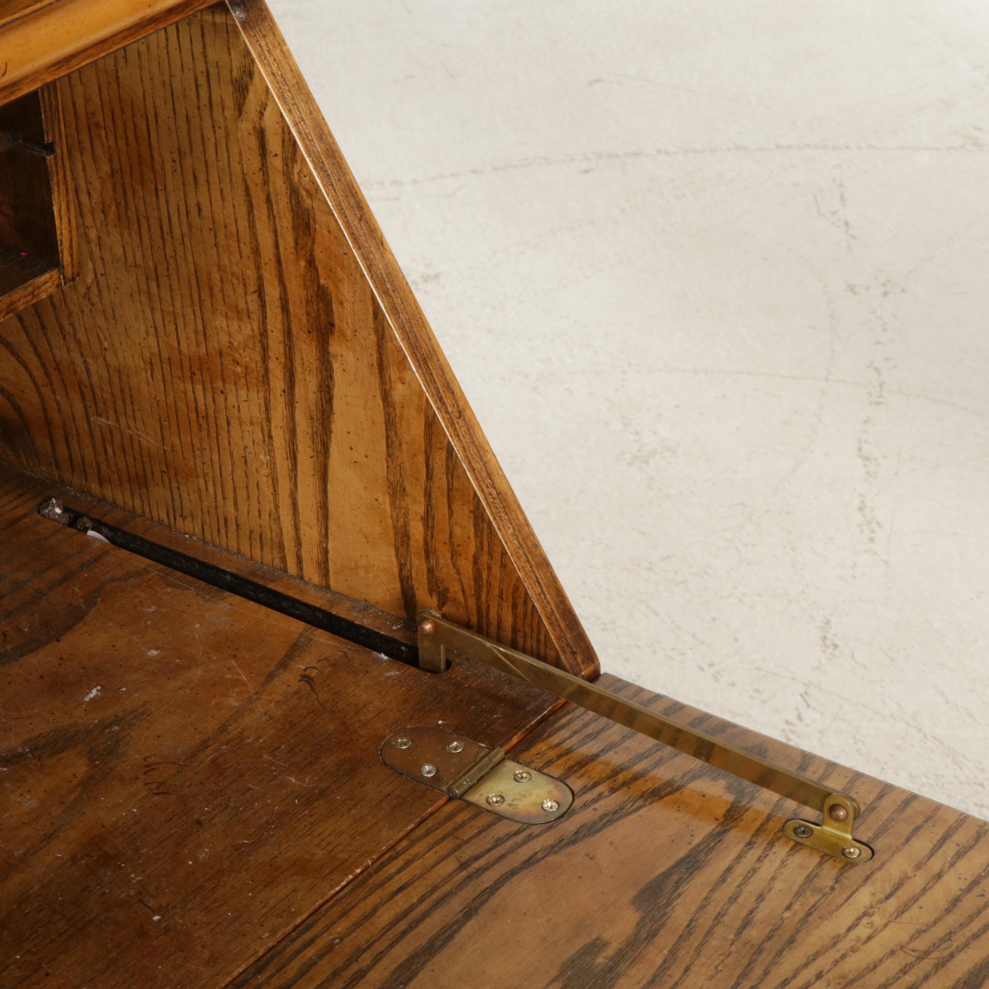 Queen Anne Style Oak and Burl Wood Secretary Desk, Late 20th Century