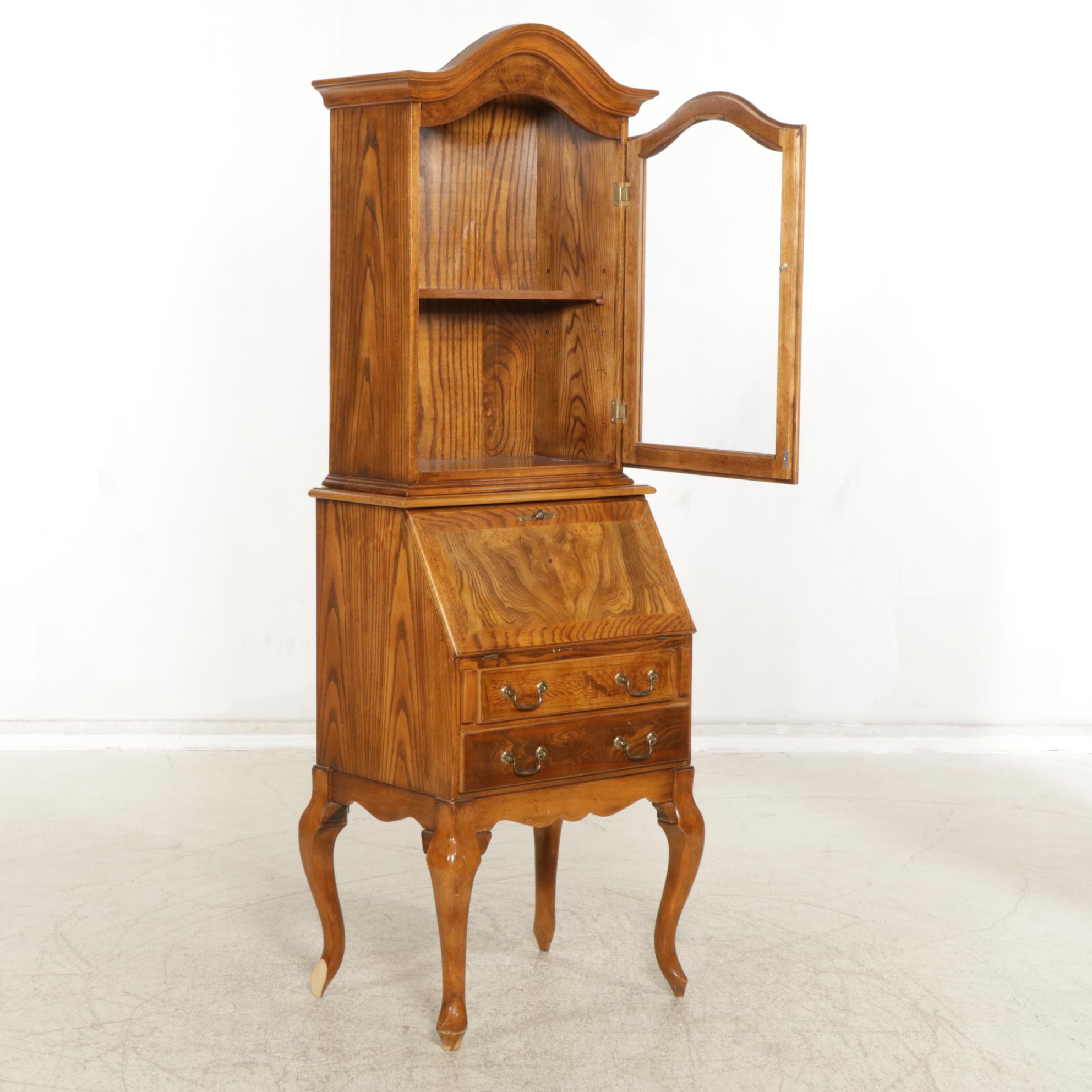 Queen Anne Style Oak and Burl Wood Secretary Desk, Late 20th Century