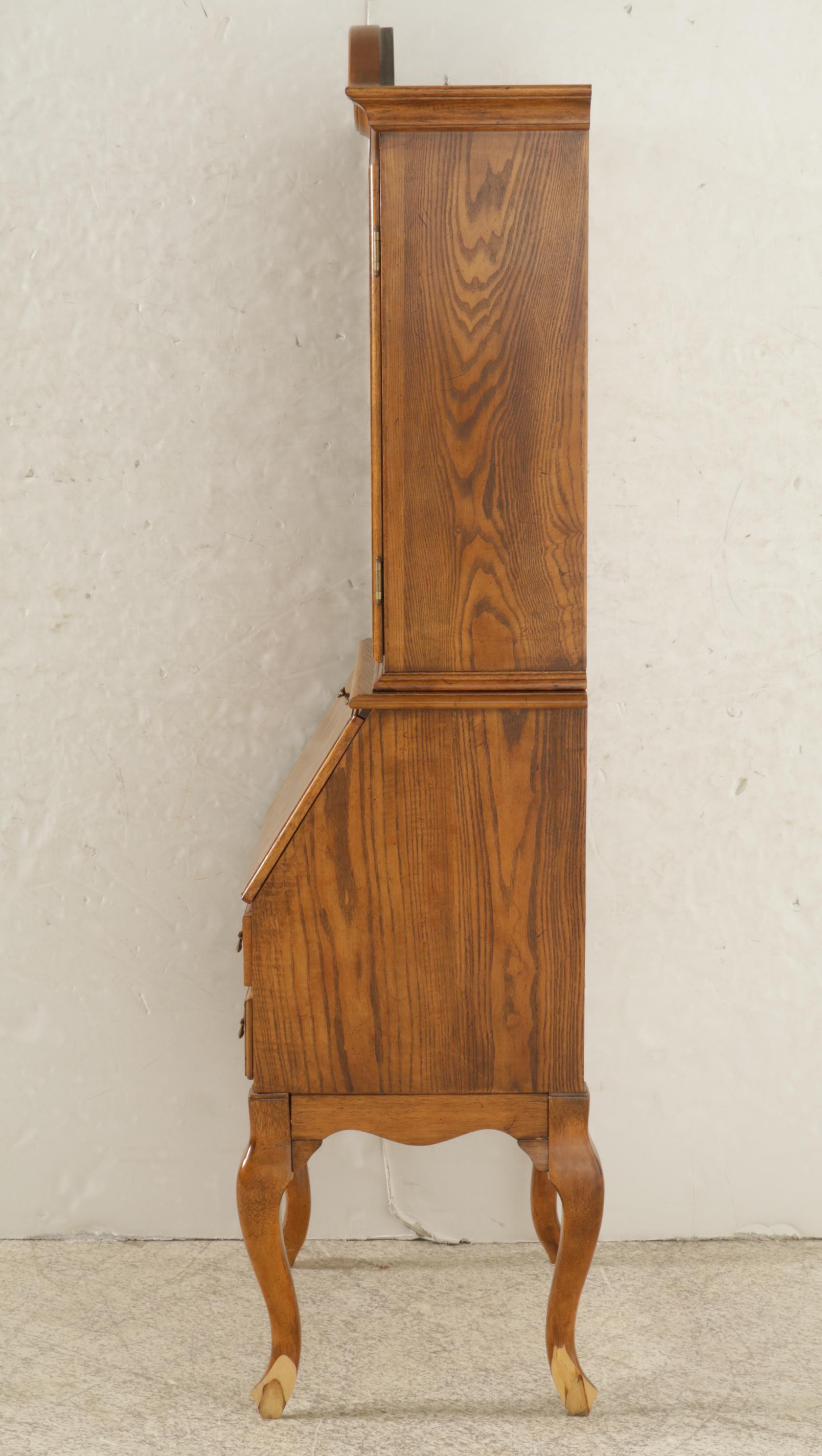 Queen Anne Style Oak and Burl Wood Secretary Desk, Late 20th Century