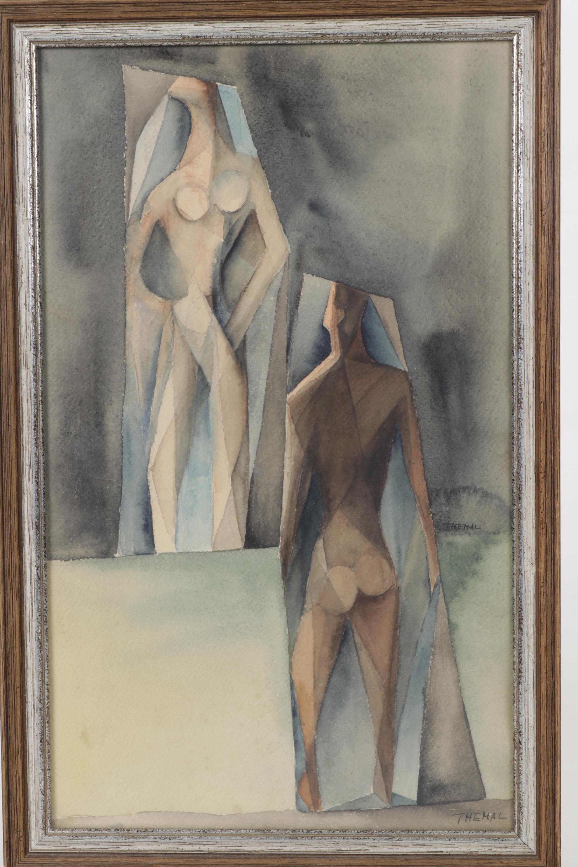 Joachim Hans Themal Cubist Watercolor Painting of Nudes