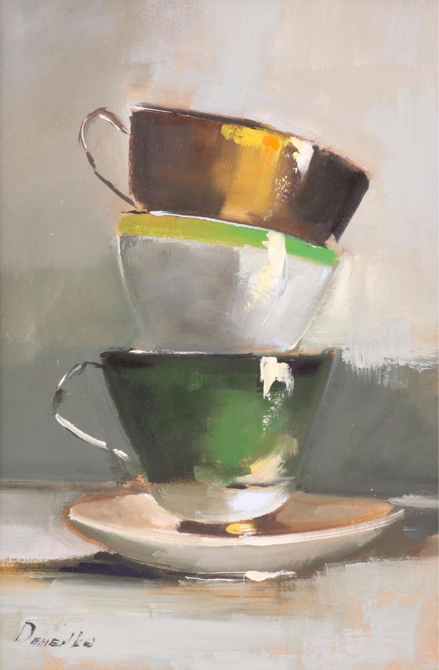 Natalia Demenko Still Life Oil Painting of Stacked Teacups, 21st Century