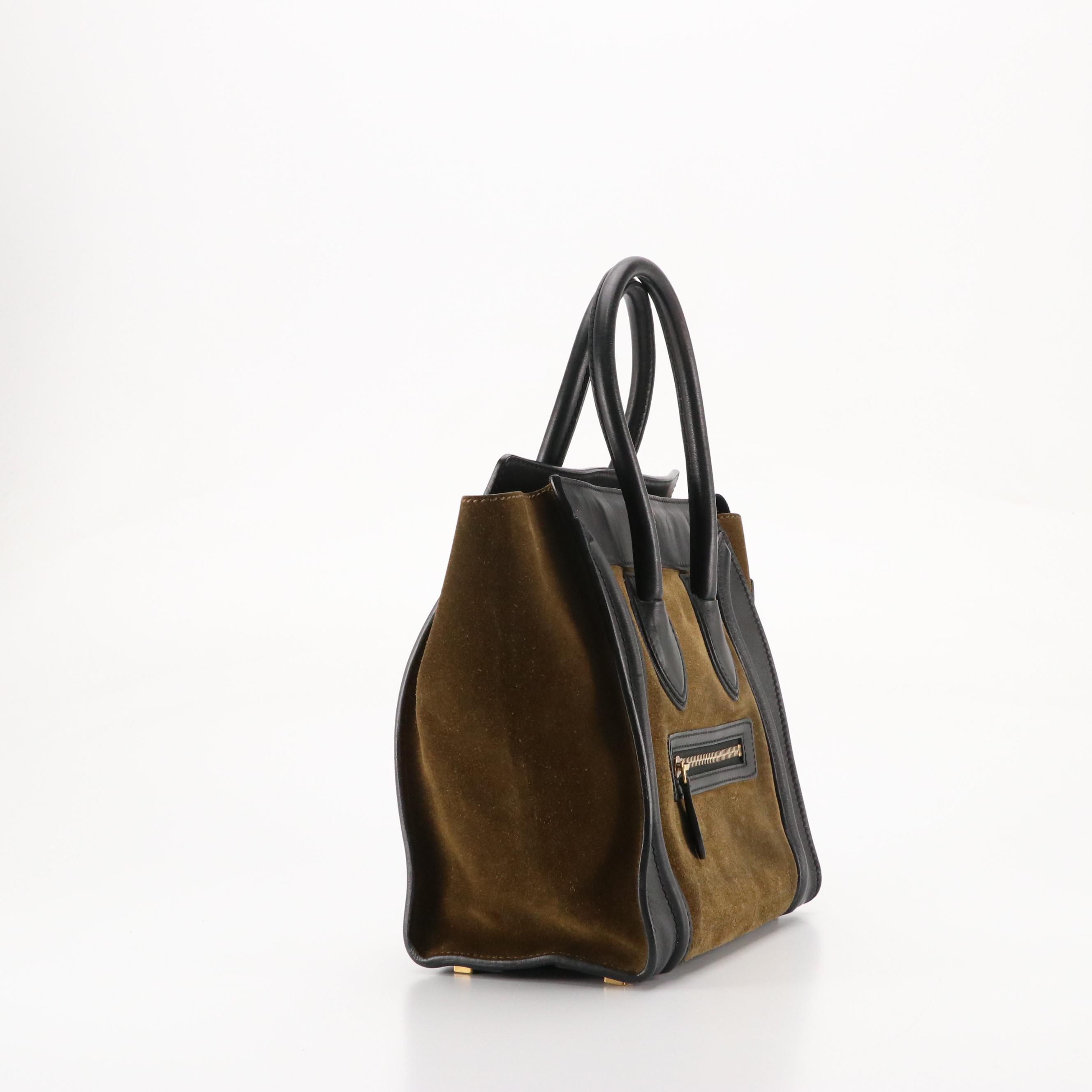 Céline Micro Luggage Handbag Tote in Suede and Black Leather Trim