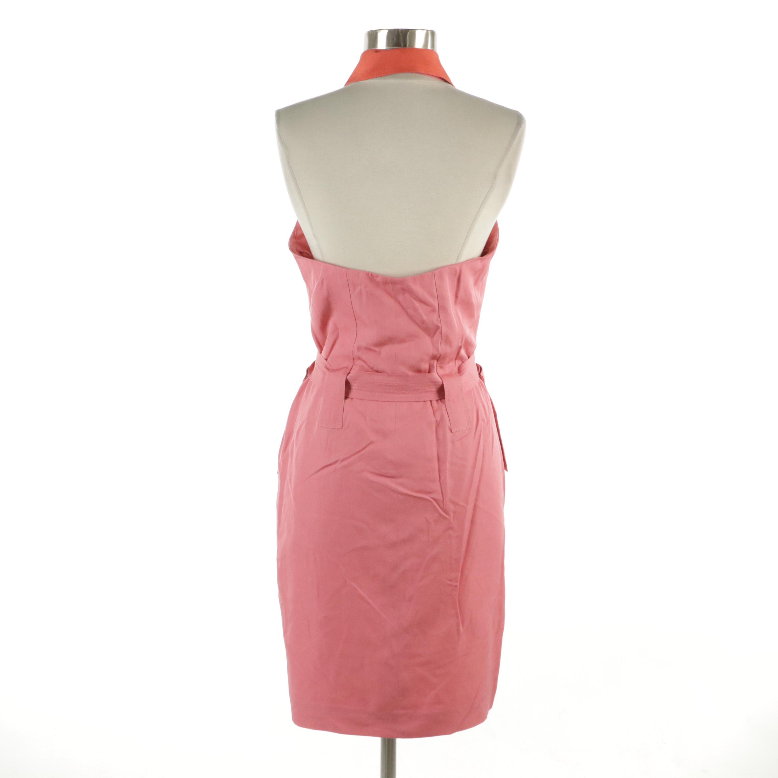 Carolina Herrera Collared Halter-Neck Shirt Dress in Watermelon Pink Silk