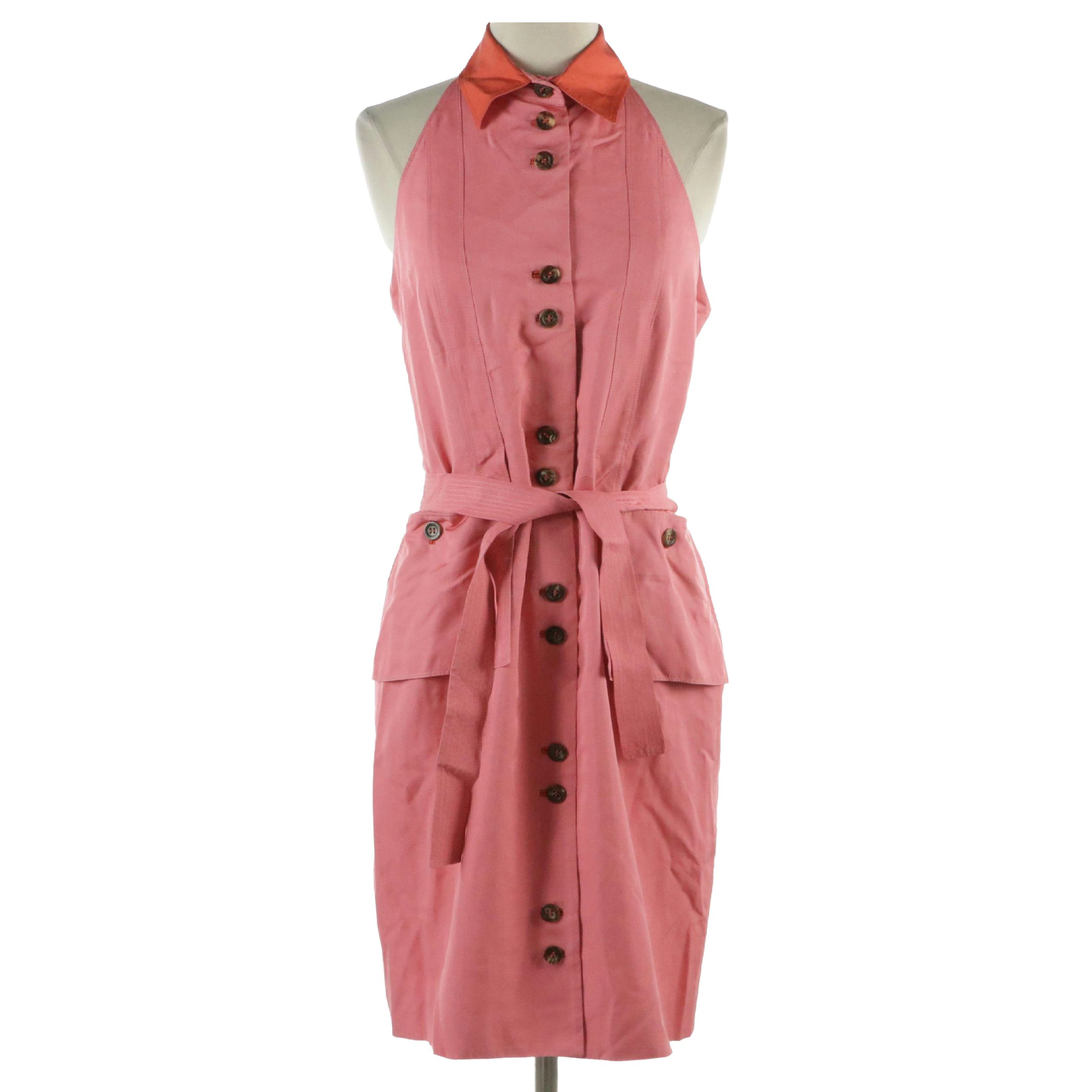 Carolina Herrera Collared Halter-Neck Shirt Dress in Watermelon Pink Silk