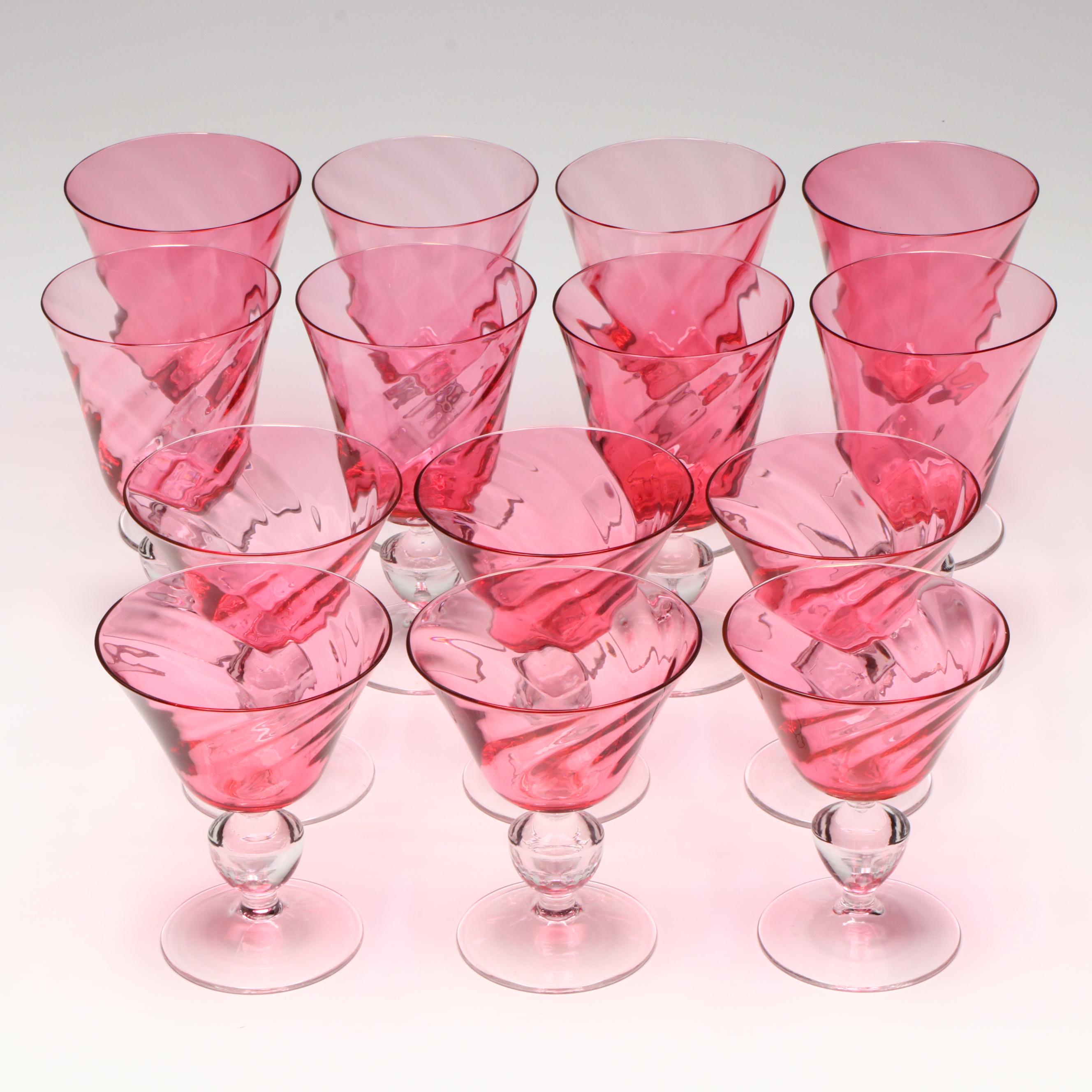 Swirled Cranberry with Clear Stem Water Goblets and Champagne Coupes