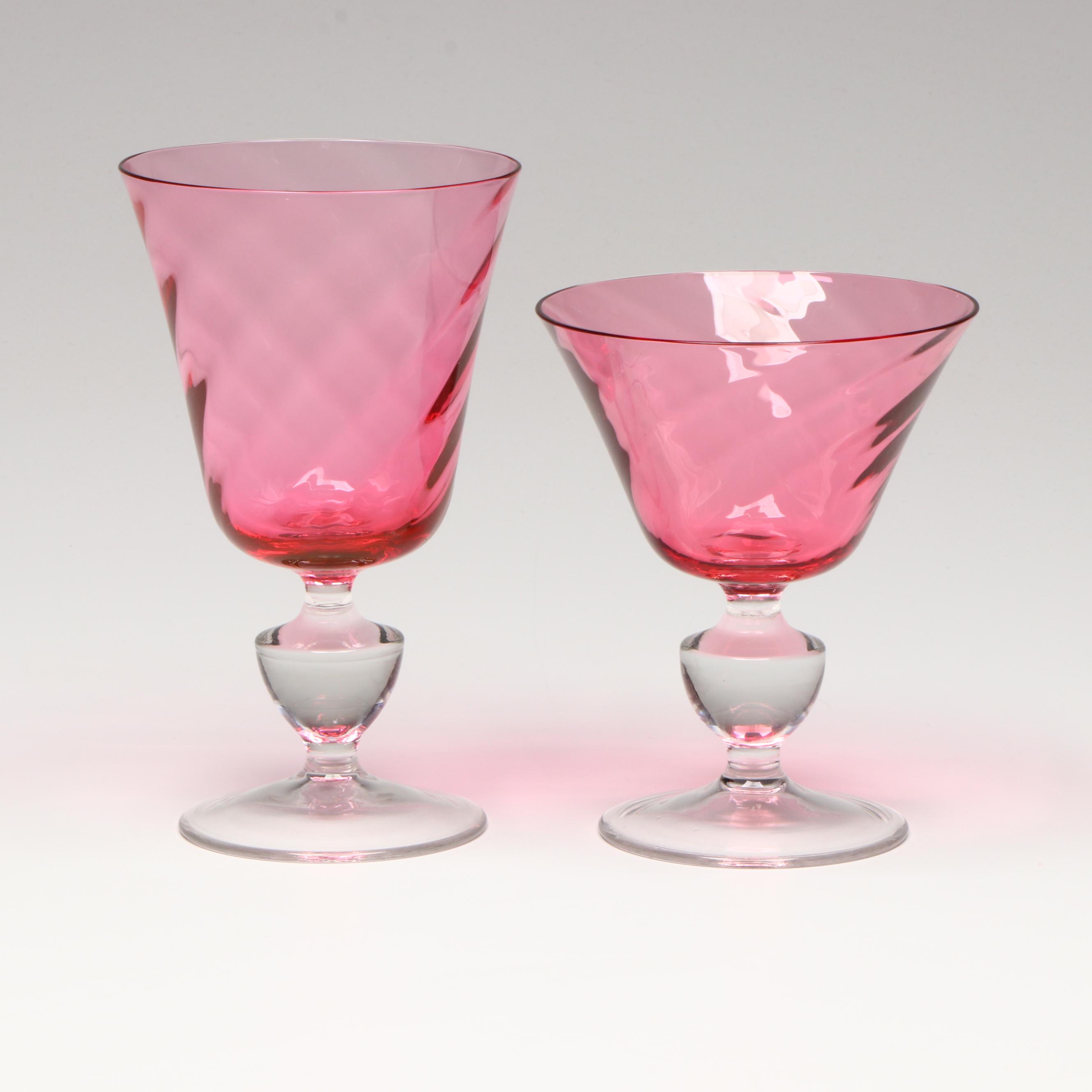 Swirled Cranberry with Clear Stem Water Goblets and Champagne Coupes