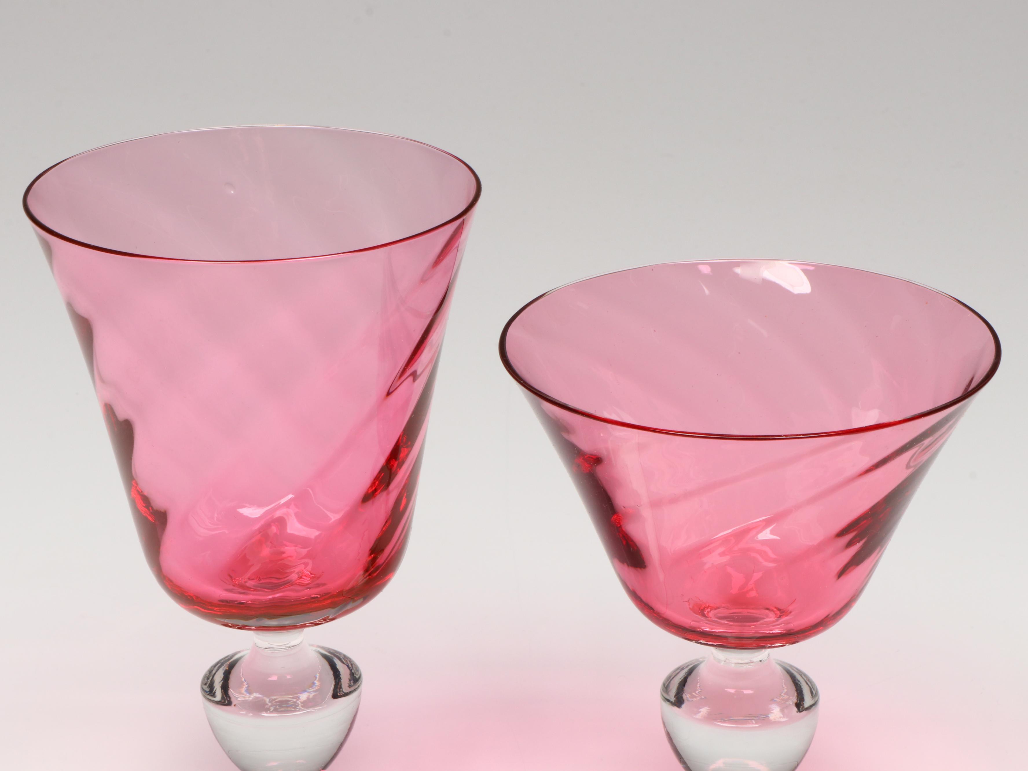 Swirled Cranberry with Clear Stem Water Goblets and Champagne Coupes