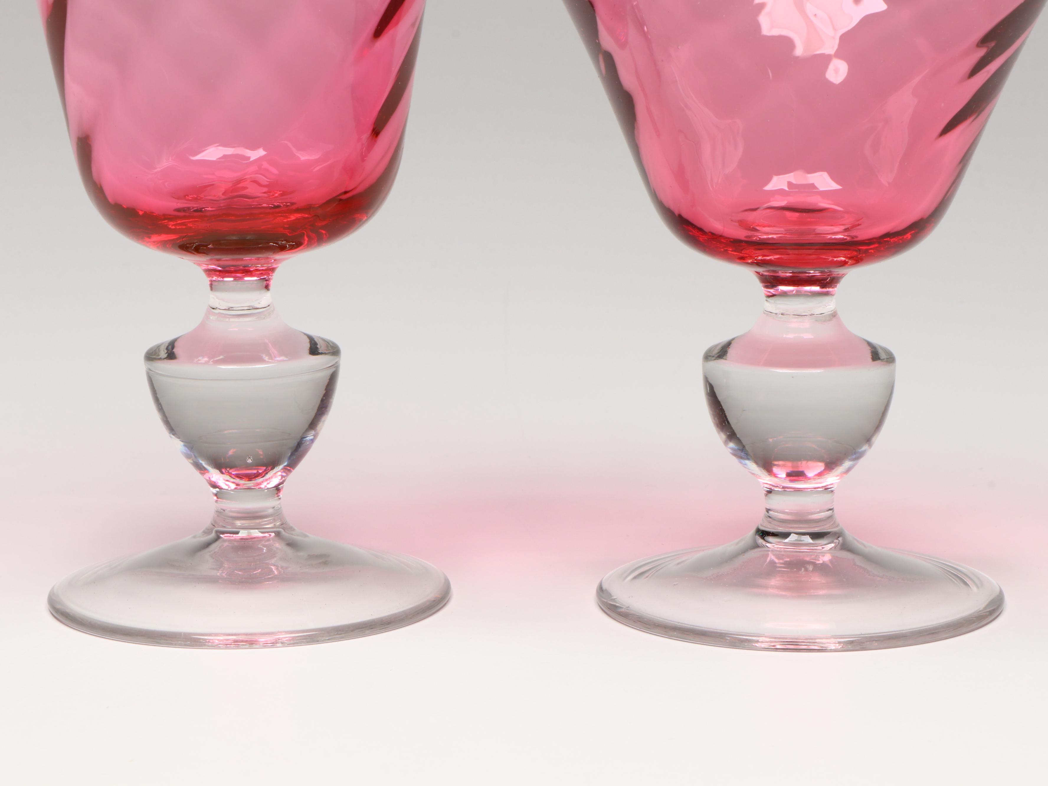 Swirled Cranberry with Clear Stem Water Goblets and Champagne Coupes