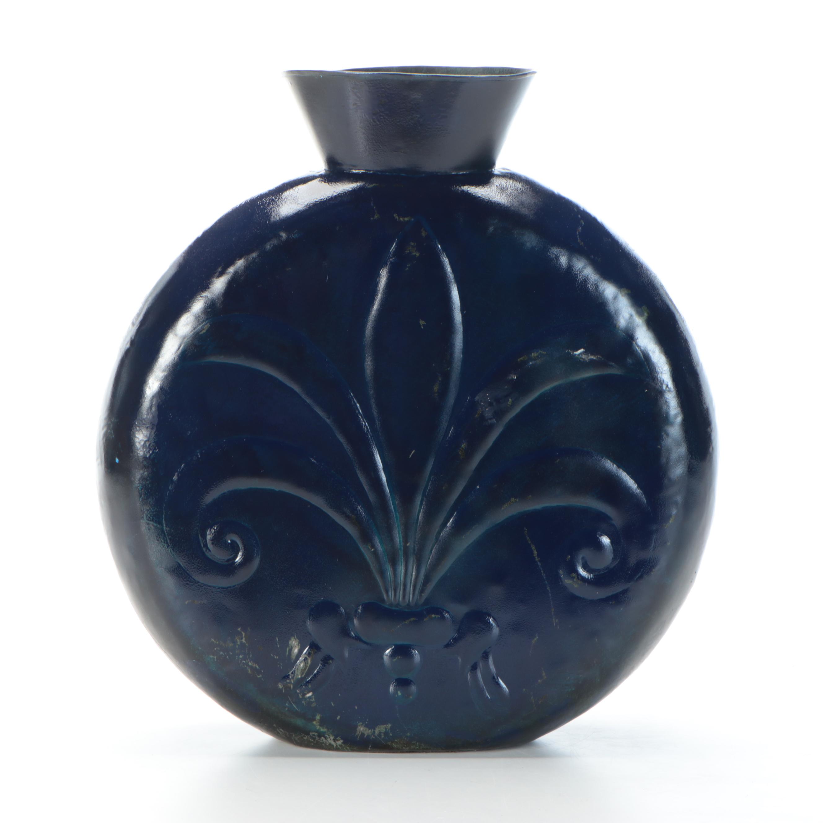 Embossed Metal Fleur-de-Lis Flask-Shaped Vase