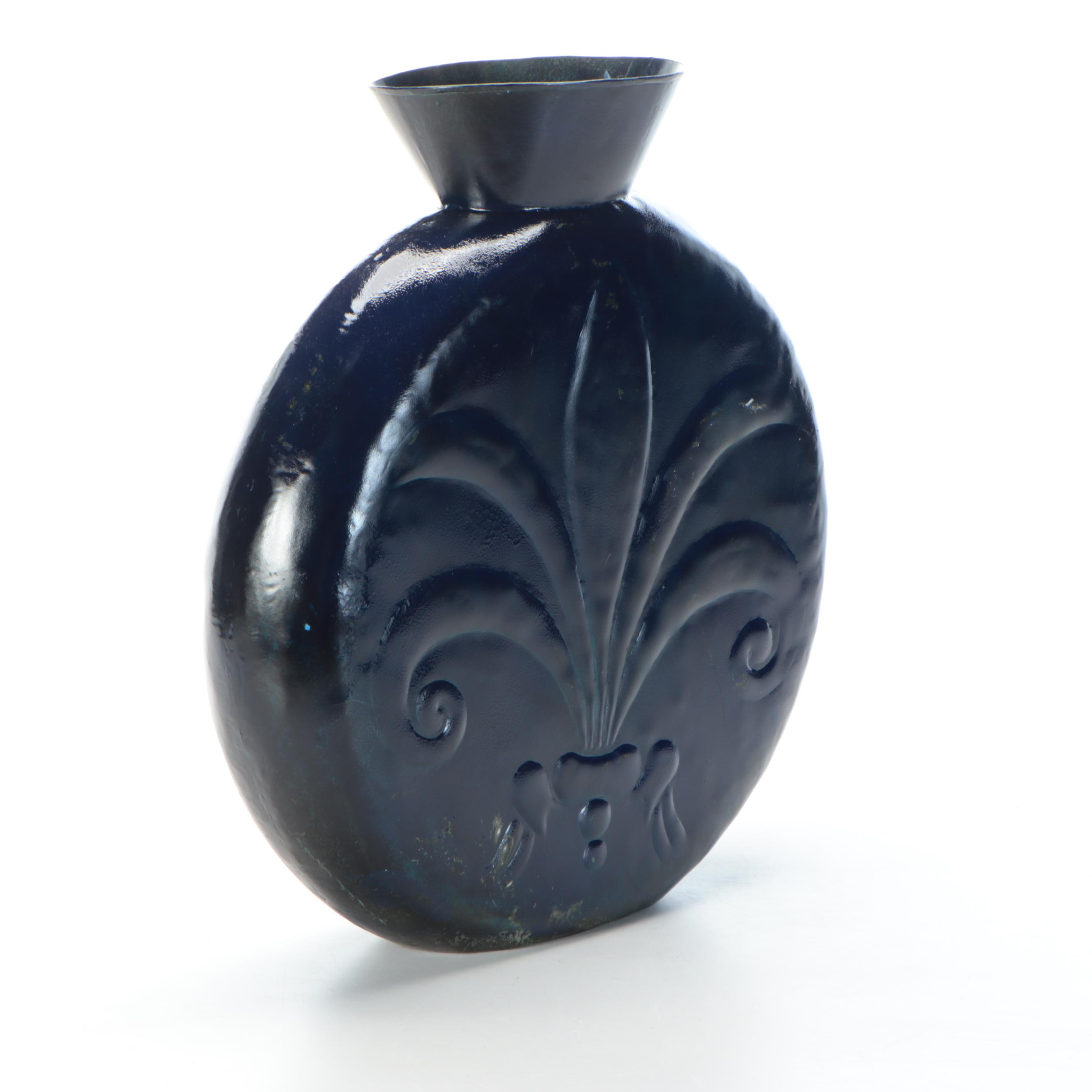 Embossed Metal Fleur-de-Lis Flask-Shaped Vase