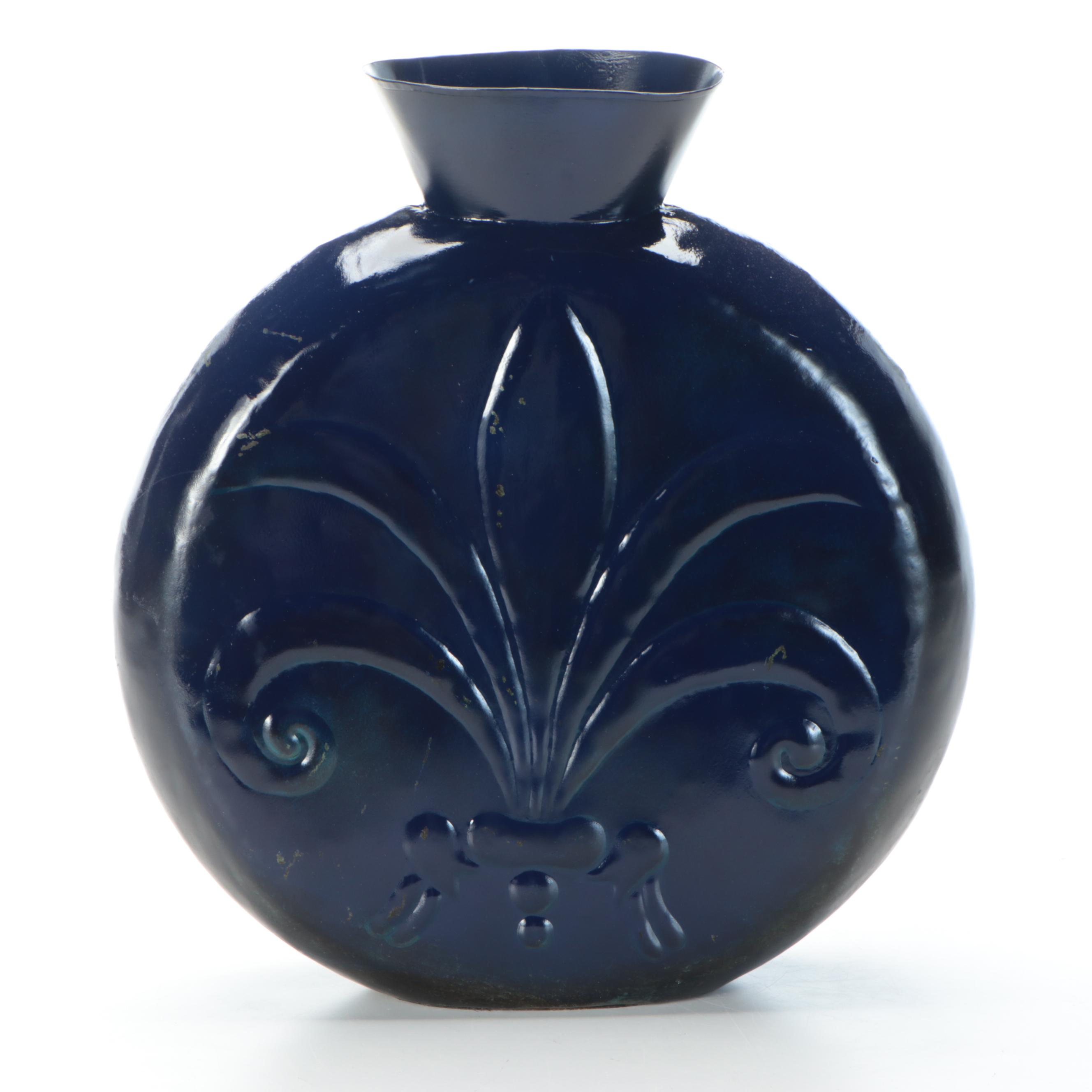 Embossed Metal Fleur-de-Lis Flask-Shaped Vase