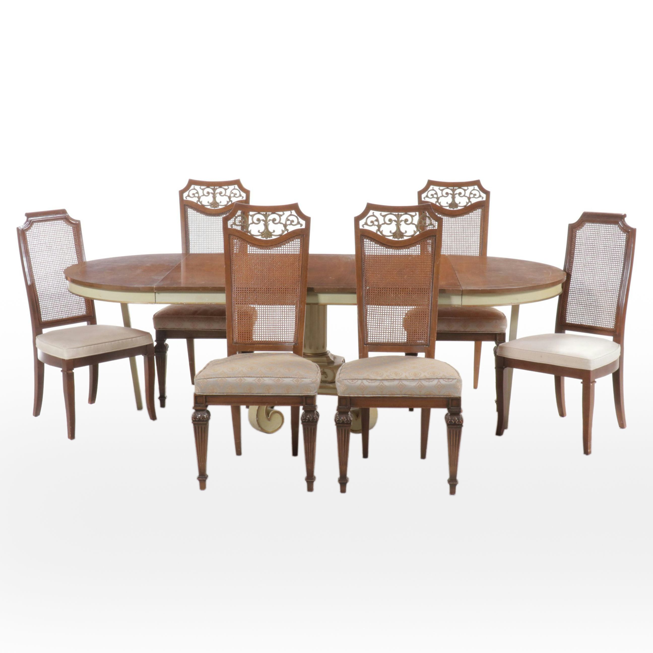 Seven-Piece French Provincial Style Dining Set with Cane-Back Chairs