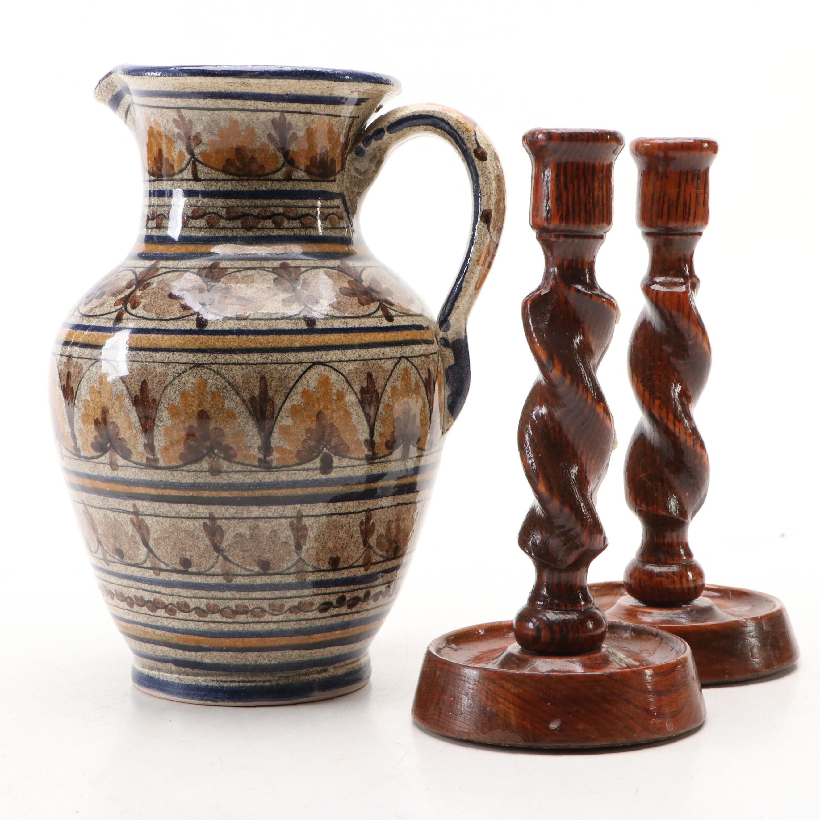 Spanish Hand-Painted Ceramic Pitcher with Wooden Spiral Candlesticks