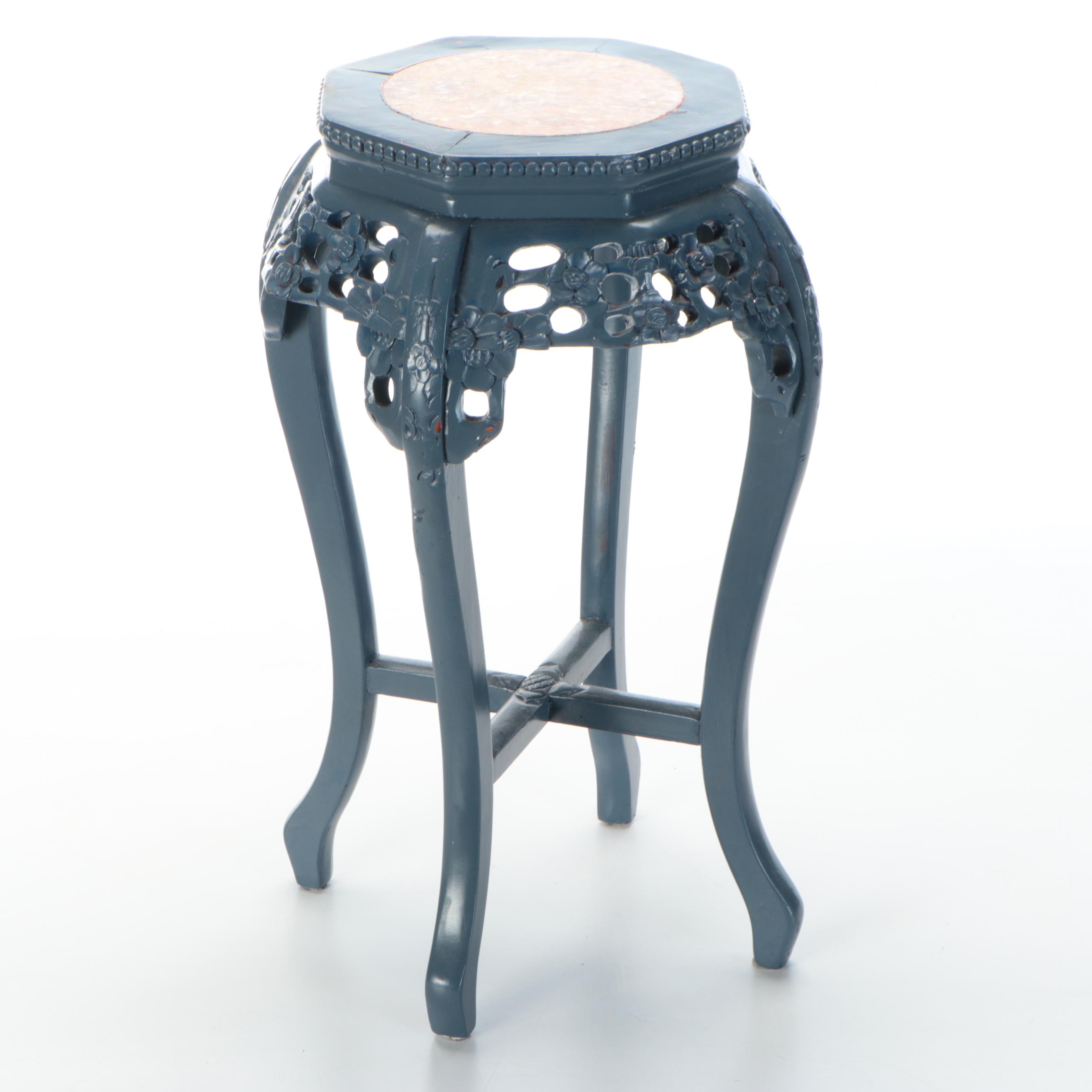 Chinese Style Carved Painted Wood Stand with Marble Top