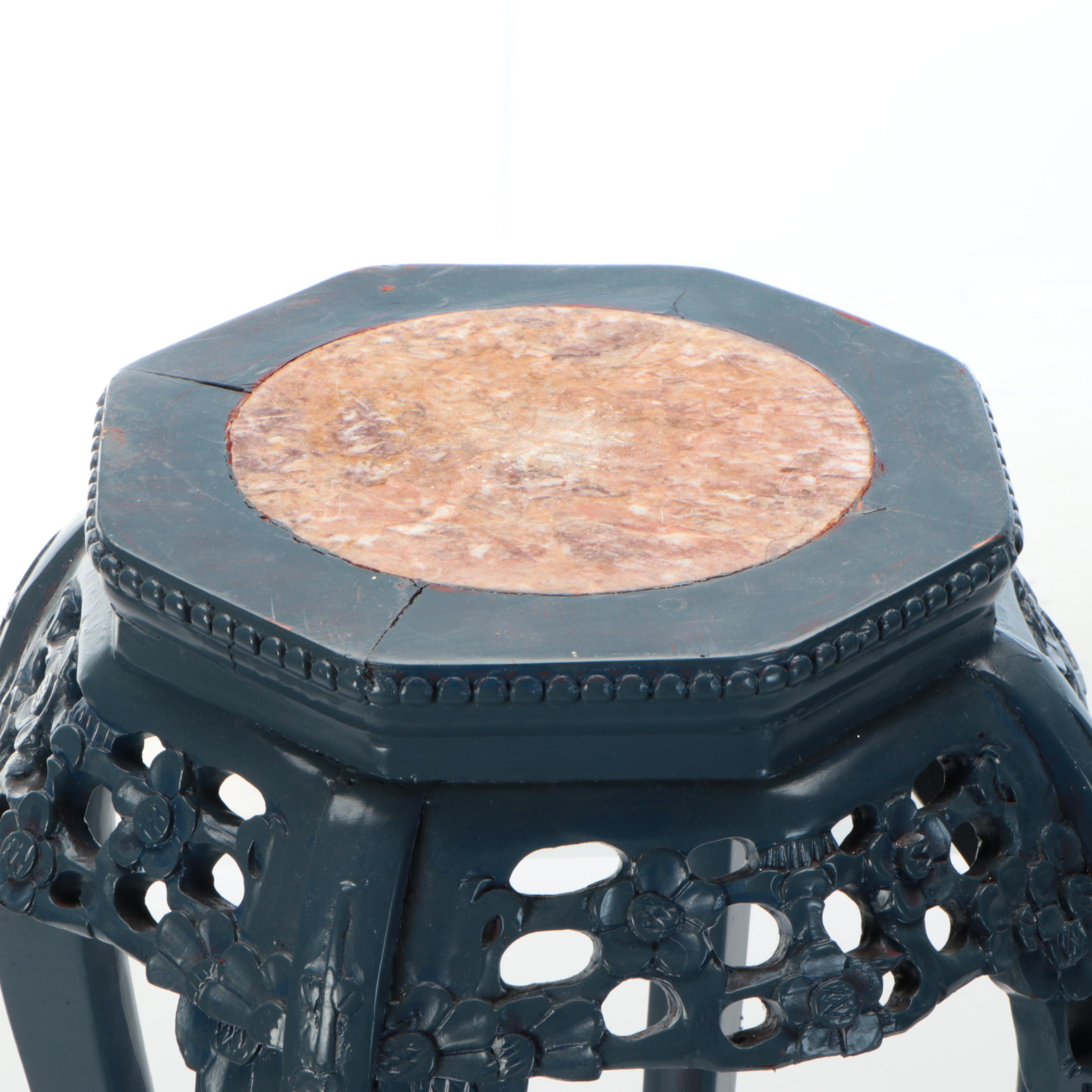 Chinese Style Carved Painted Wood Stand with Marble Top