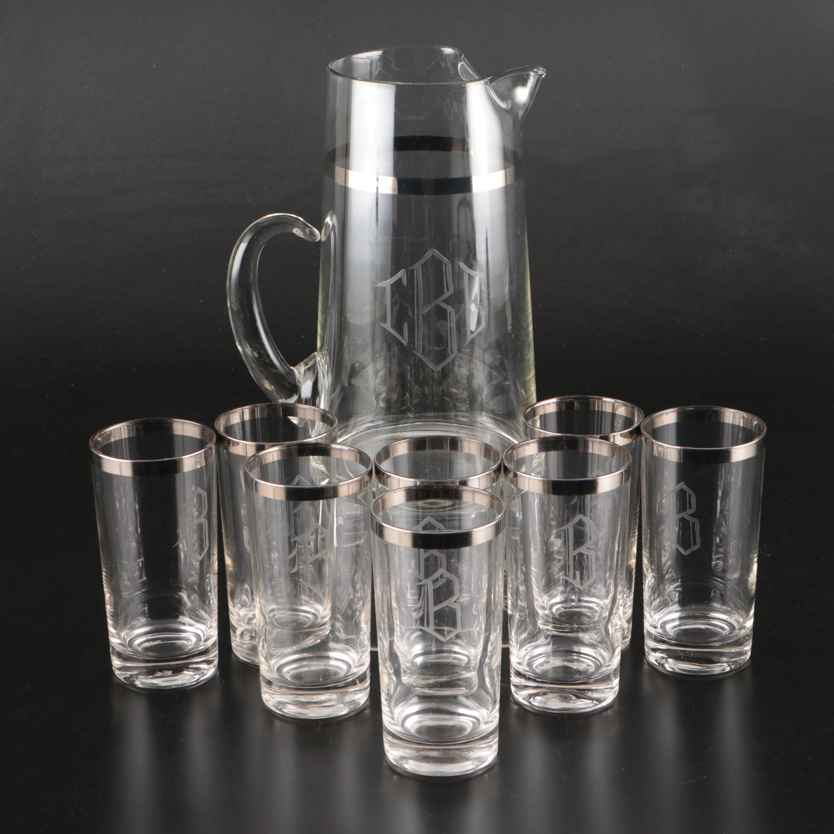 Dorothy Thorpe Style Monogrammed Pitcher and Tumblers, 20th Century