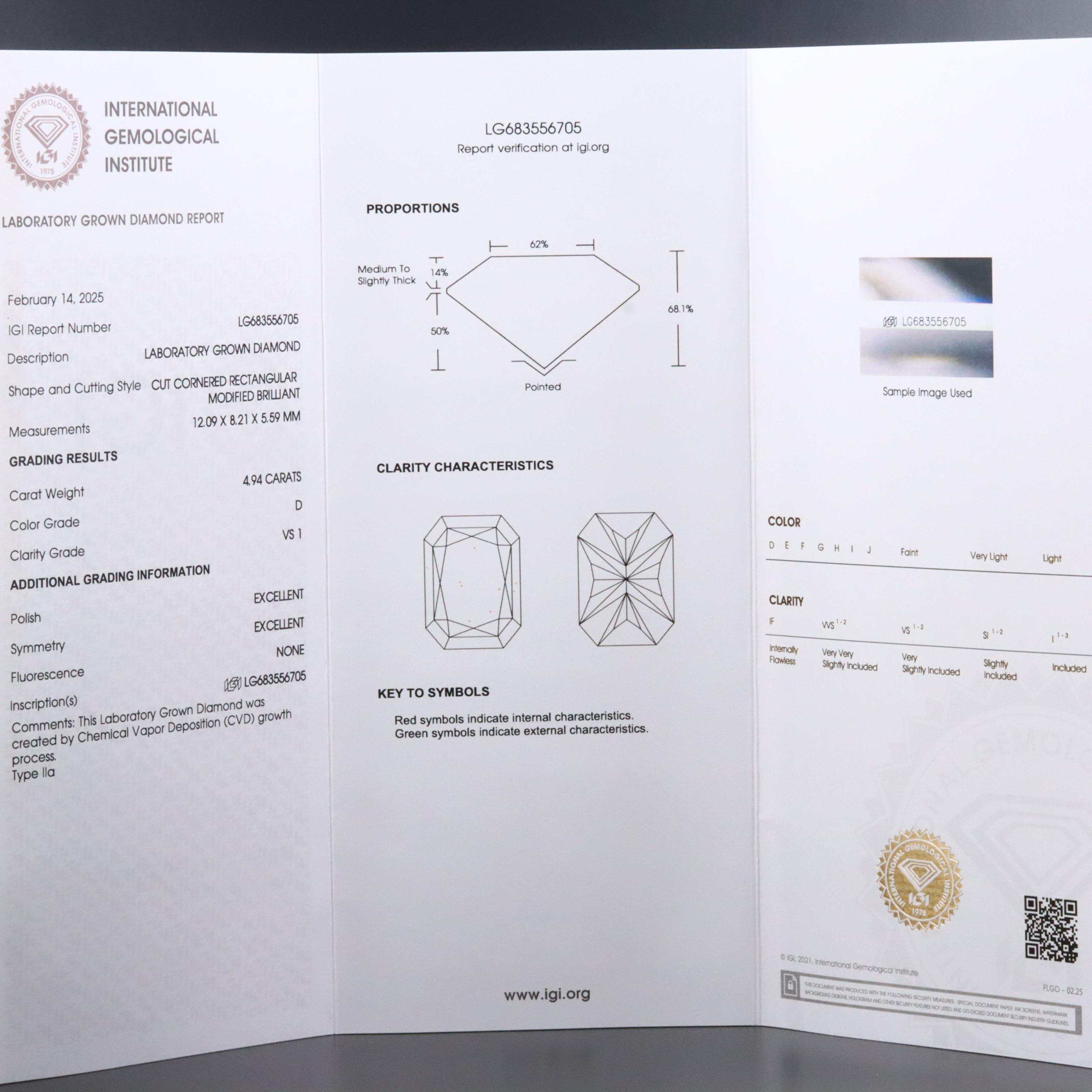 Platinum 4.94 CT Lab Grown Diamond Solitaire Ring with IGI Report