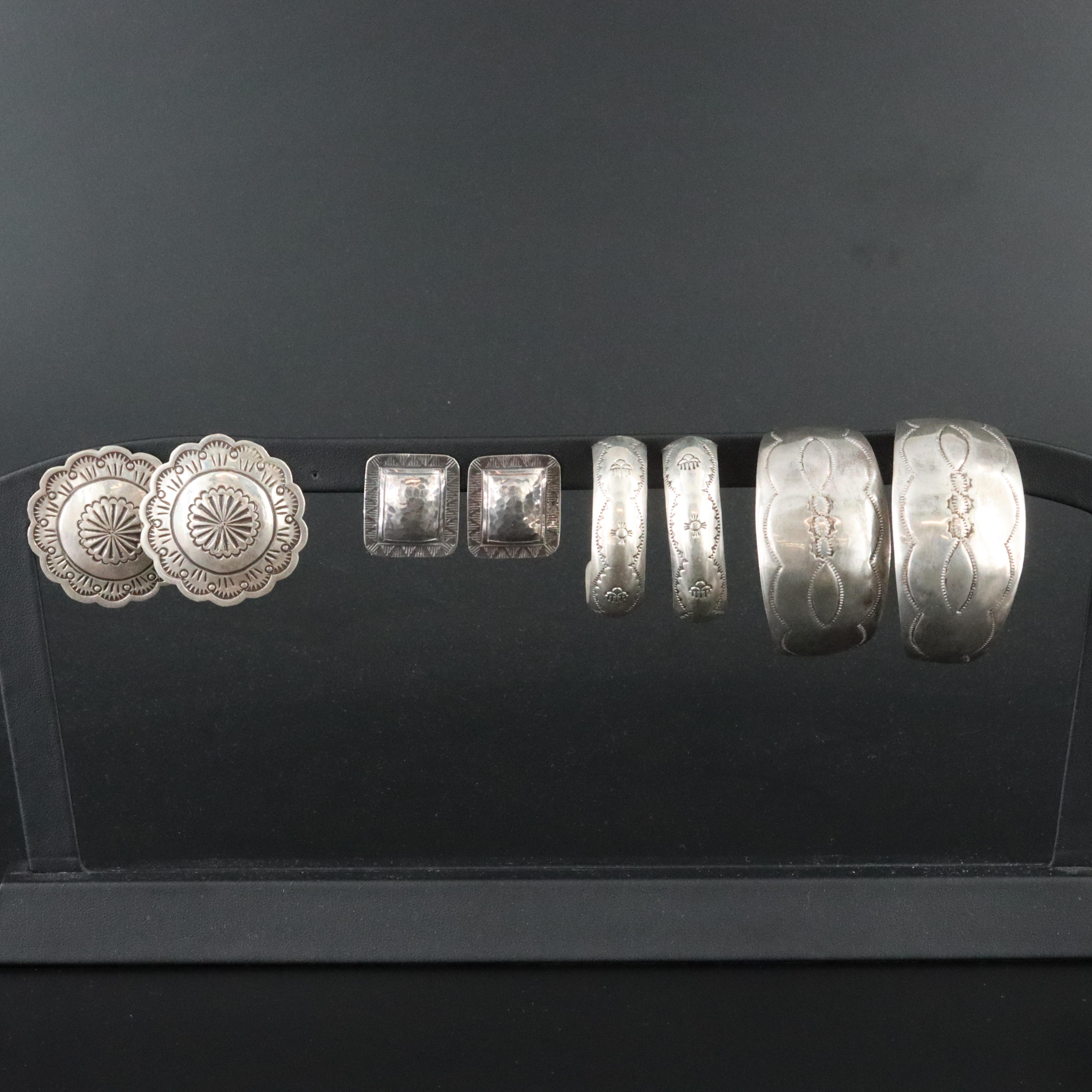 Stampwork Silver Earrings Including Sterling, Mexican and Concho