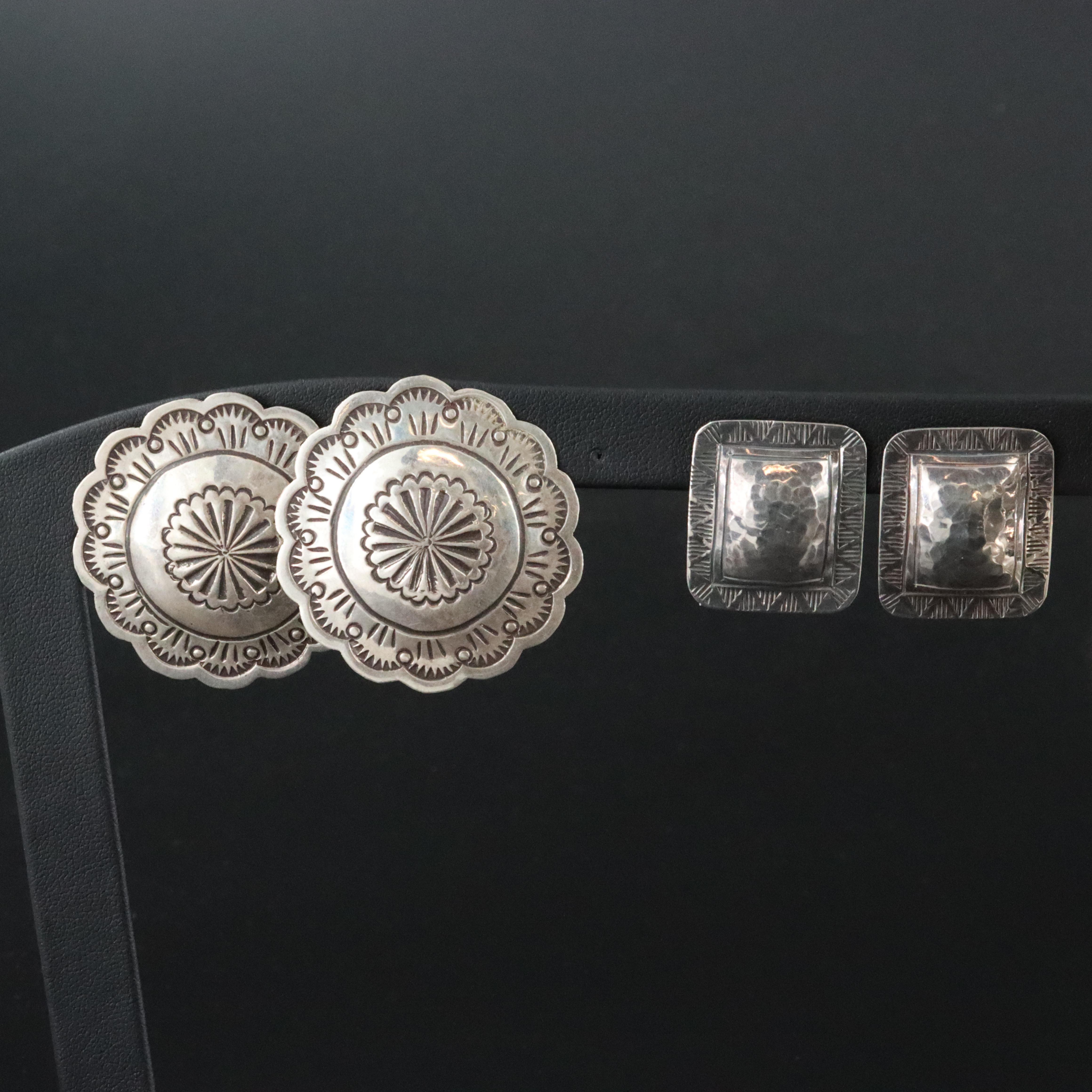 Stampwork Silver Earrings Including Sterling, Mexican and Concho