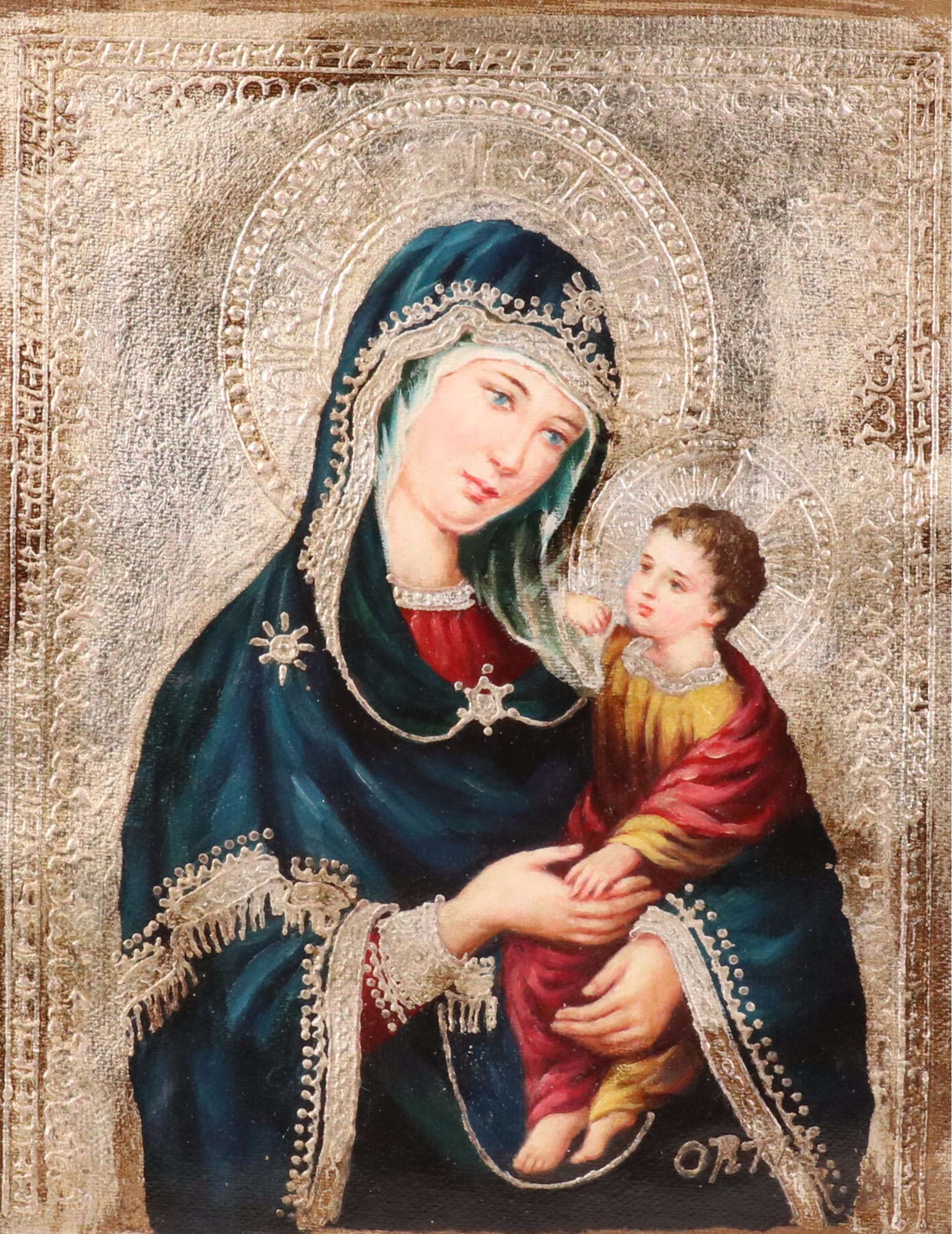Ortiz Oil Painting of Madonna and Child with Embossing Style Details, 21st C.