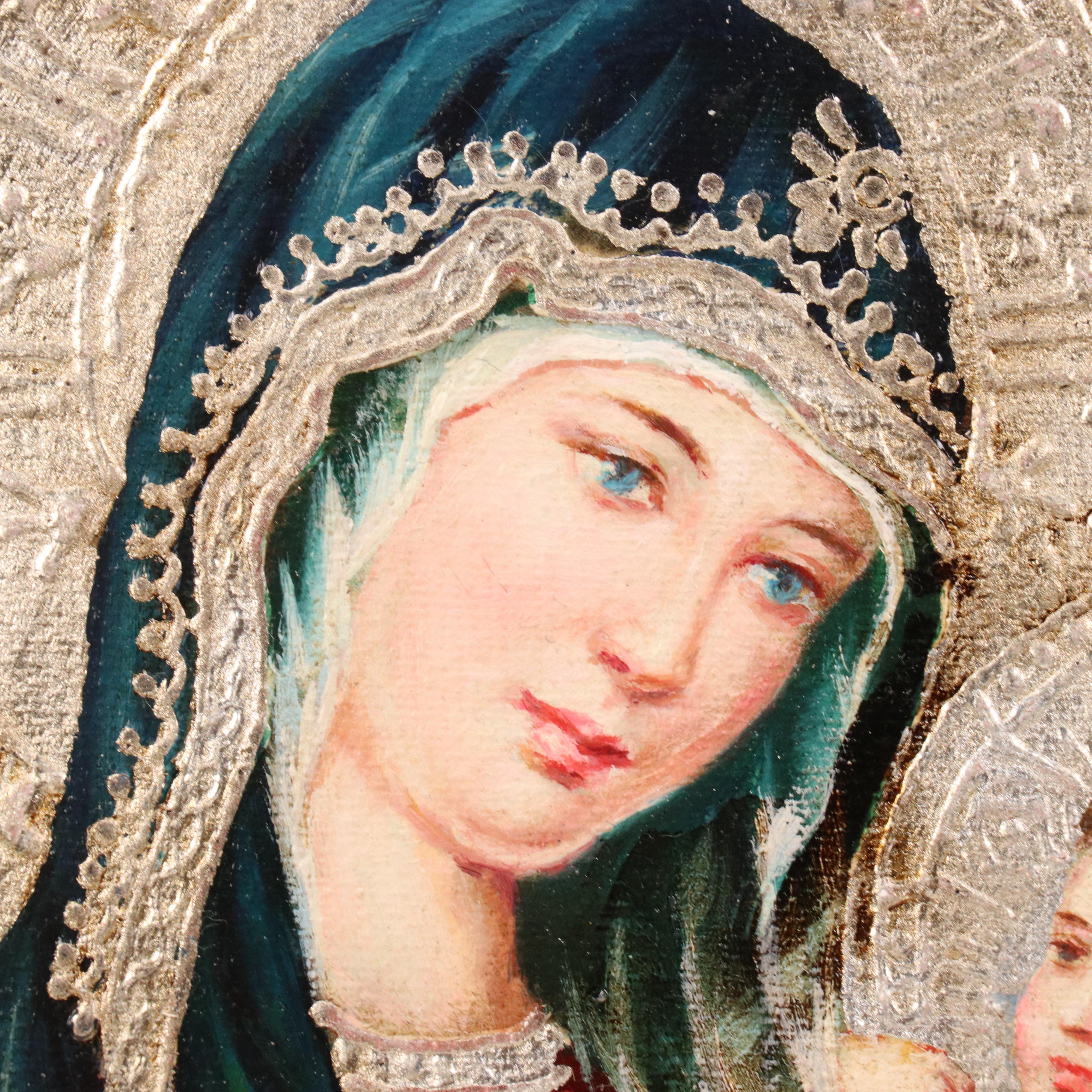 Ortiz Oil Painting of Madonna and Child with Embossing Style Details, 21st C.