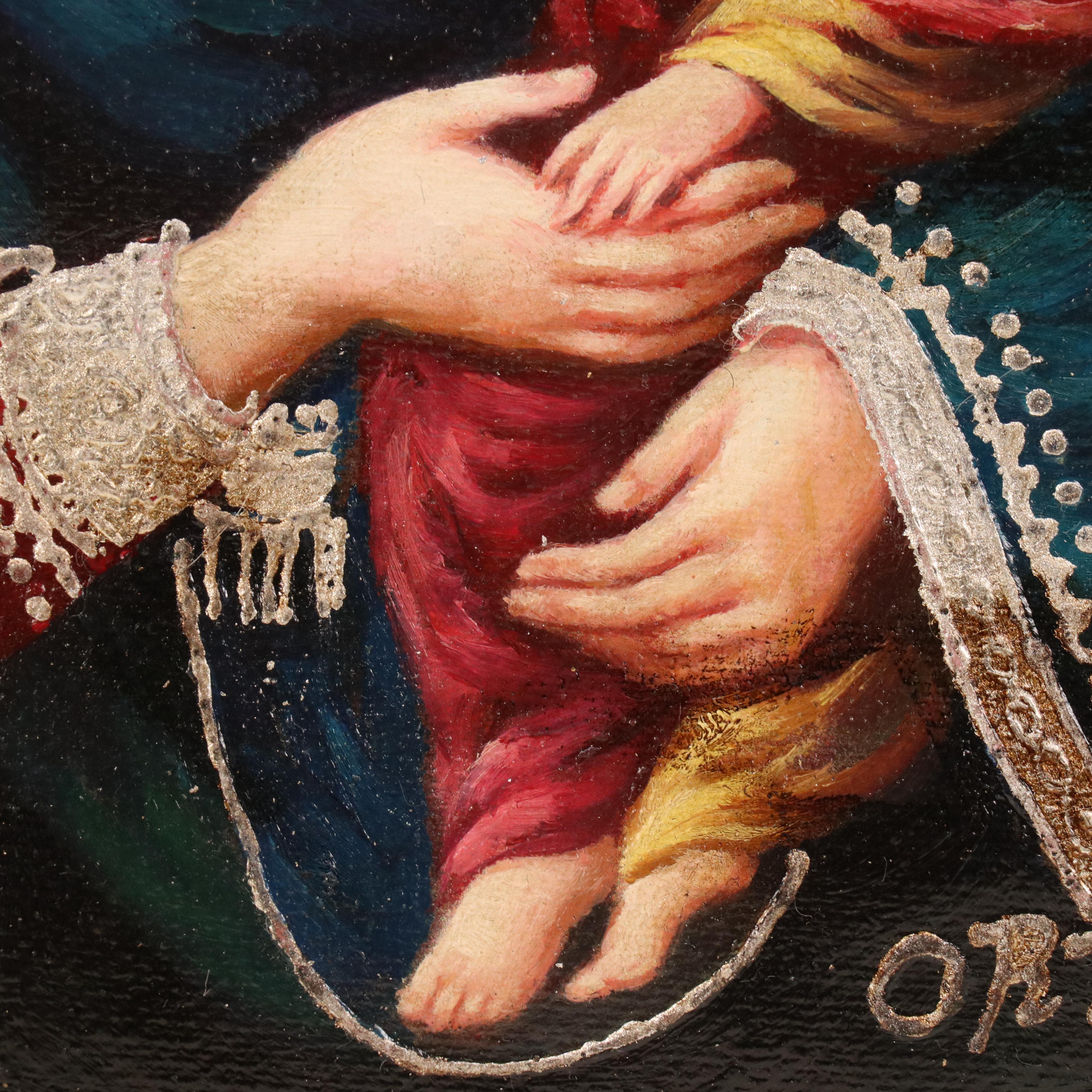 Ortiz Oil Painting of Madonna and Child with Embossing Style Details, 21st C.
