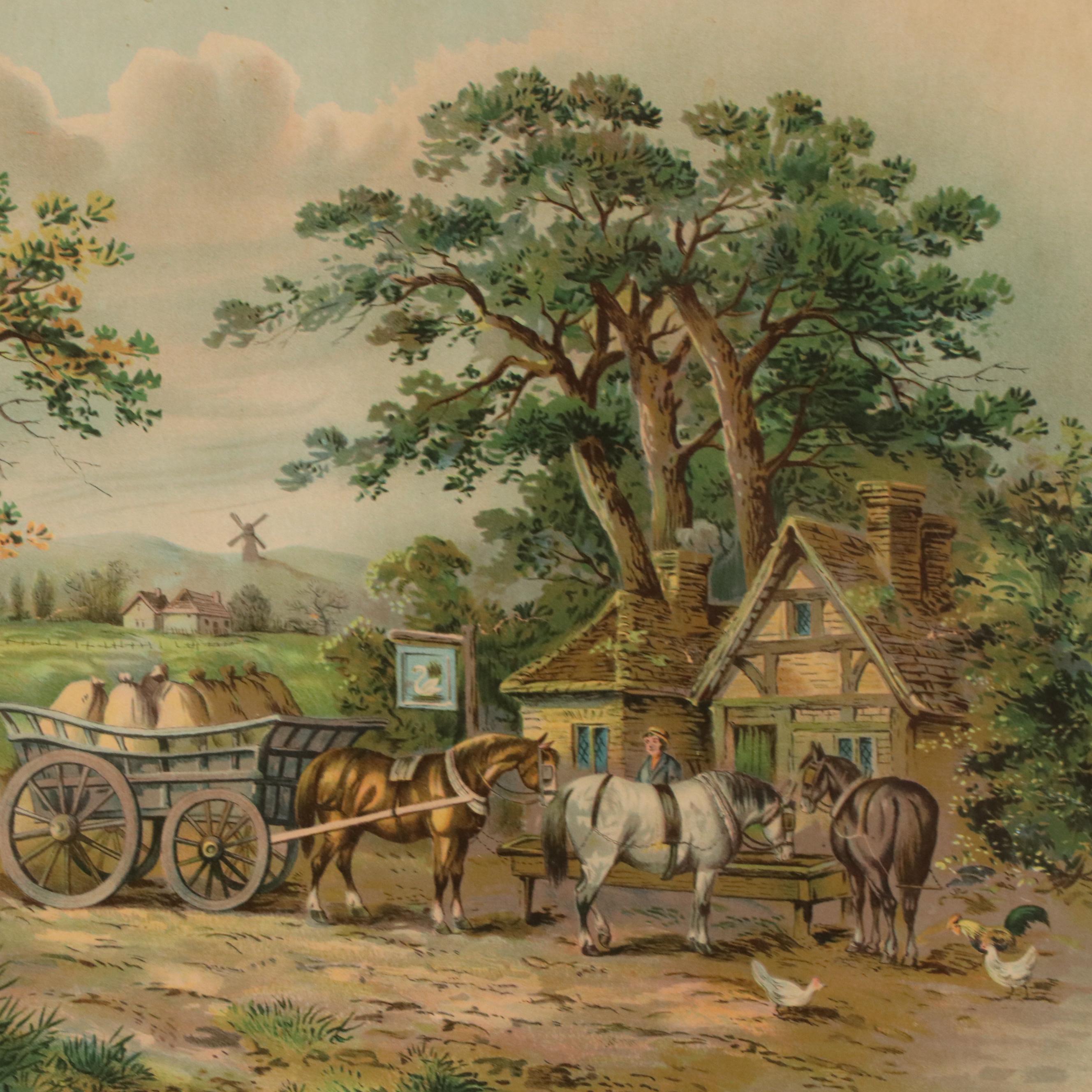 Scenic Lithograph with Inn "Heckfield, Hampshire," Late 19th Century