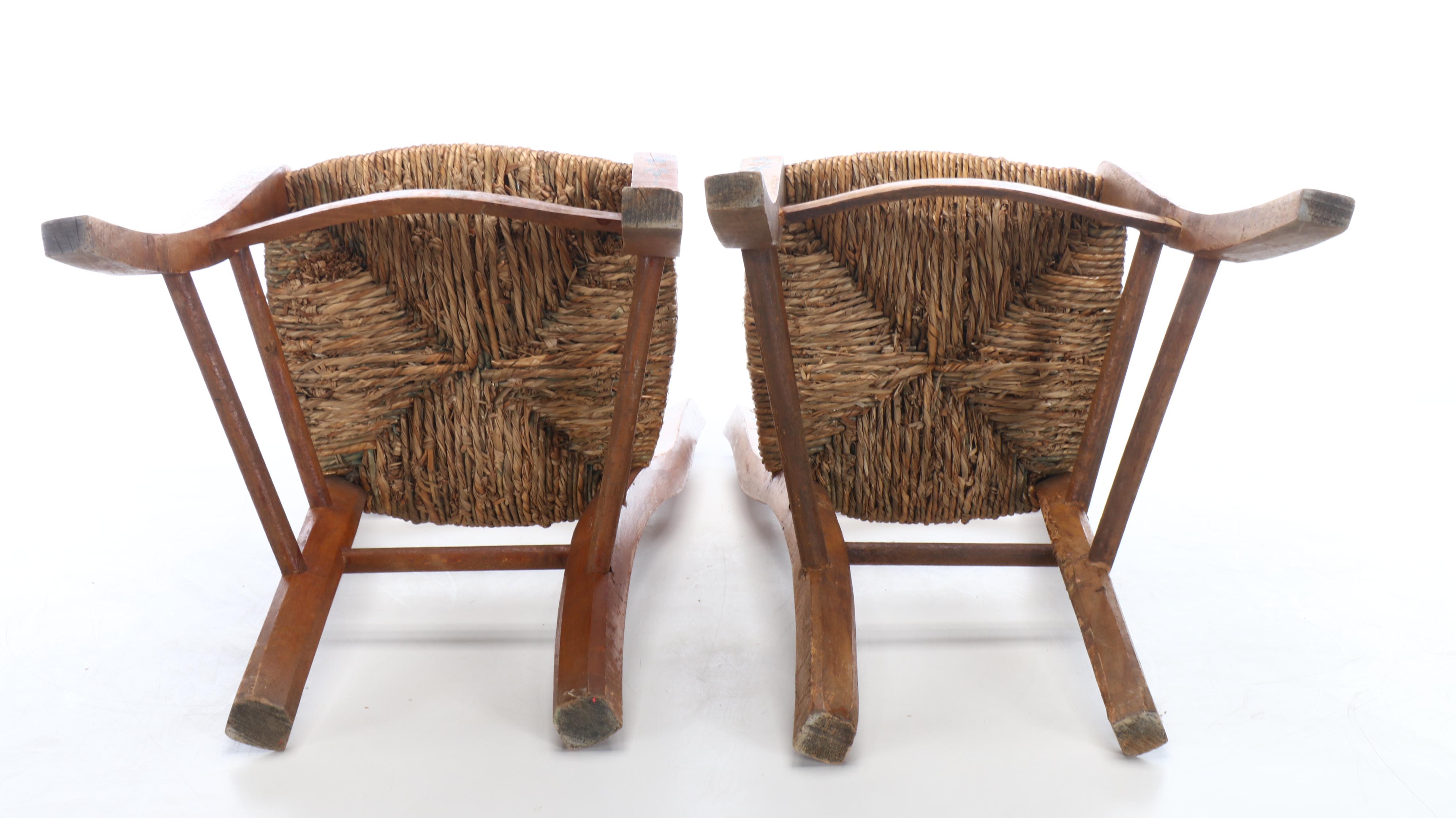 Primitive Style Stencil-Decorated Wooden Chairs with Rush Seats