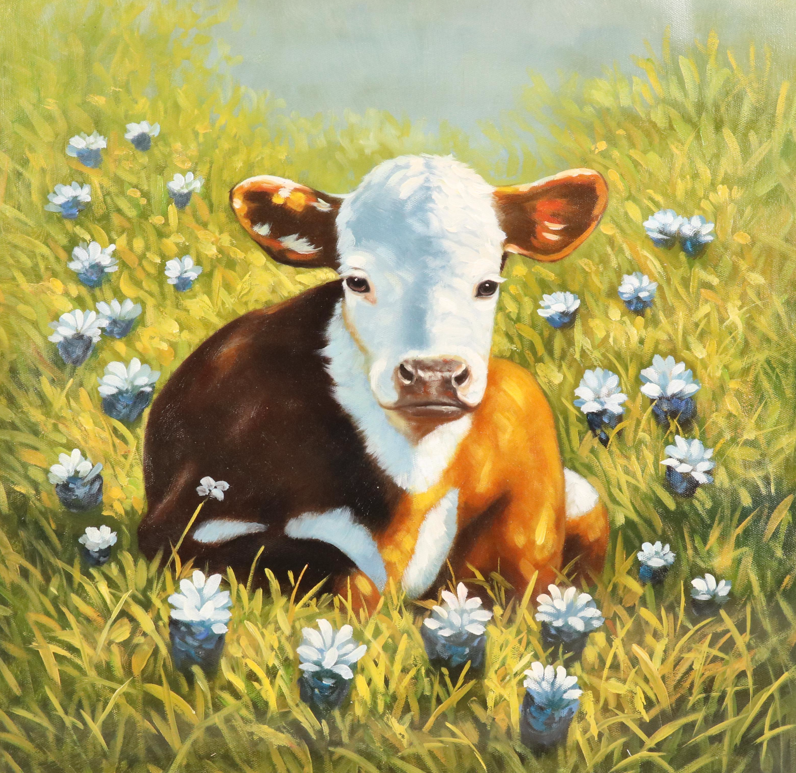 Castello Oil Painting of Cow with Blue Flowers, 21st Century