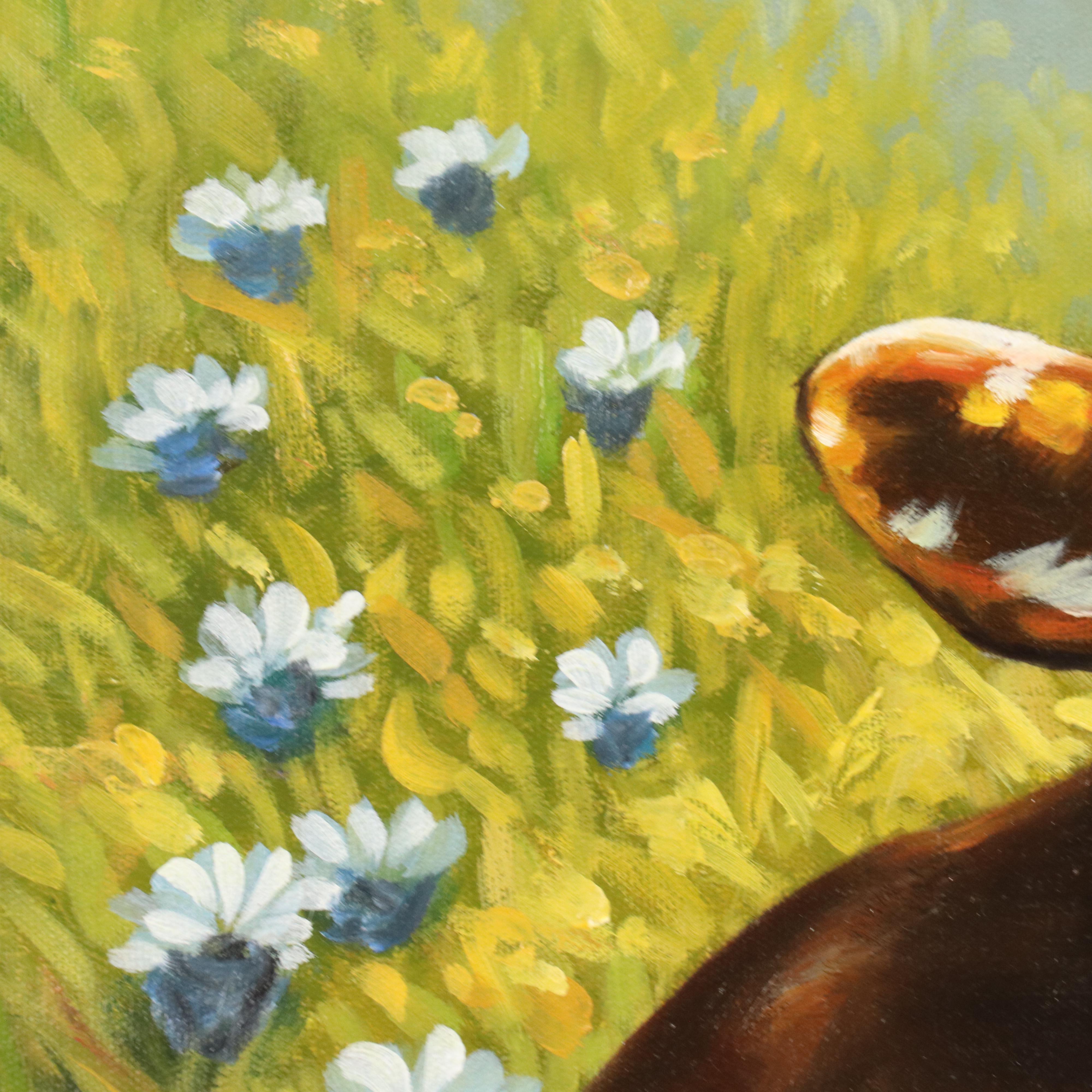 Castello Oil Painting of Cow with Blue Flowers, 21st Century