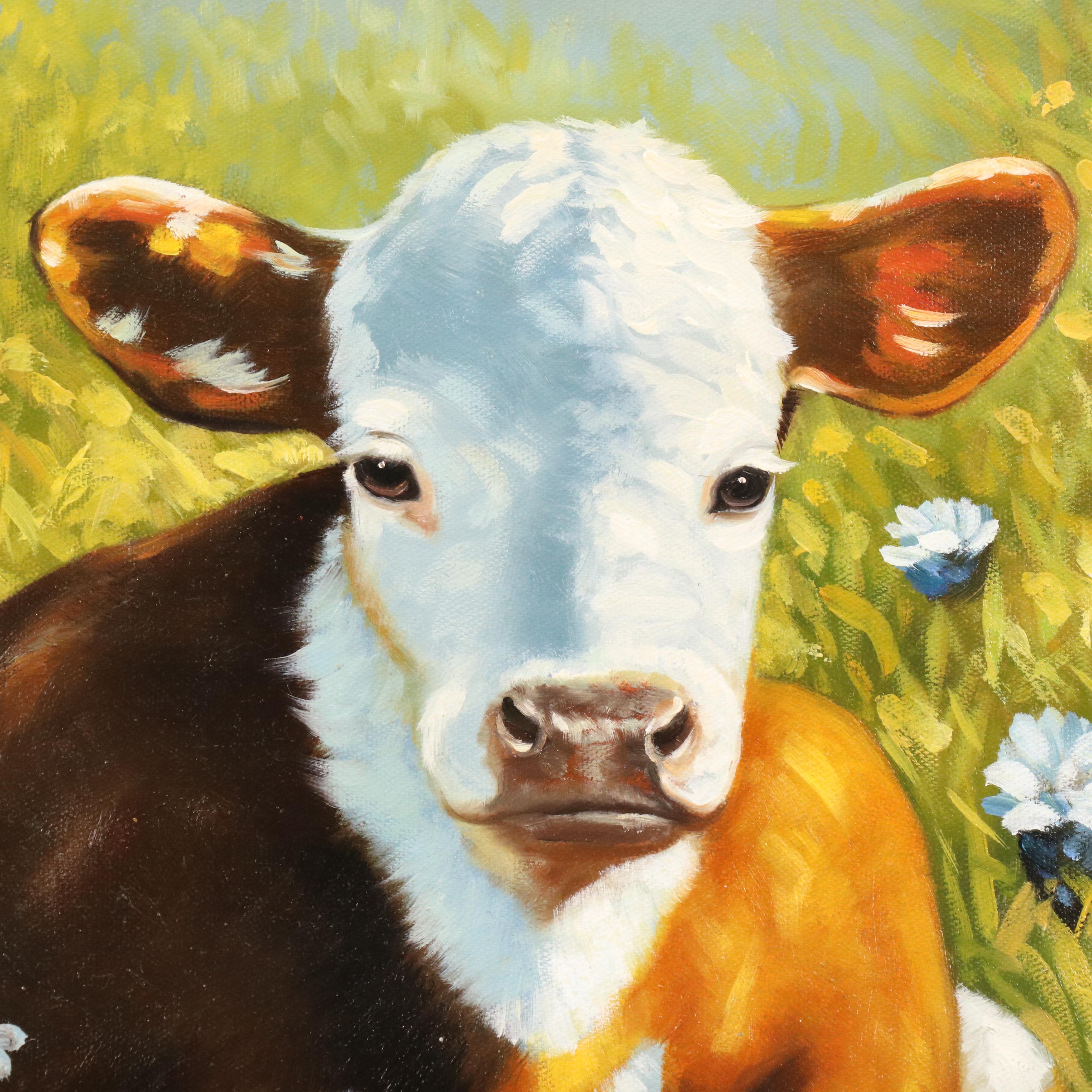 Castello Oil Painting of Cow with Blue Flowers, 21st Century