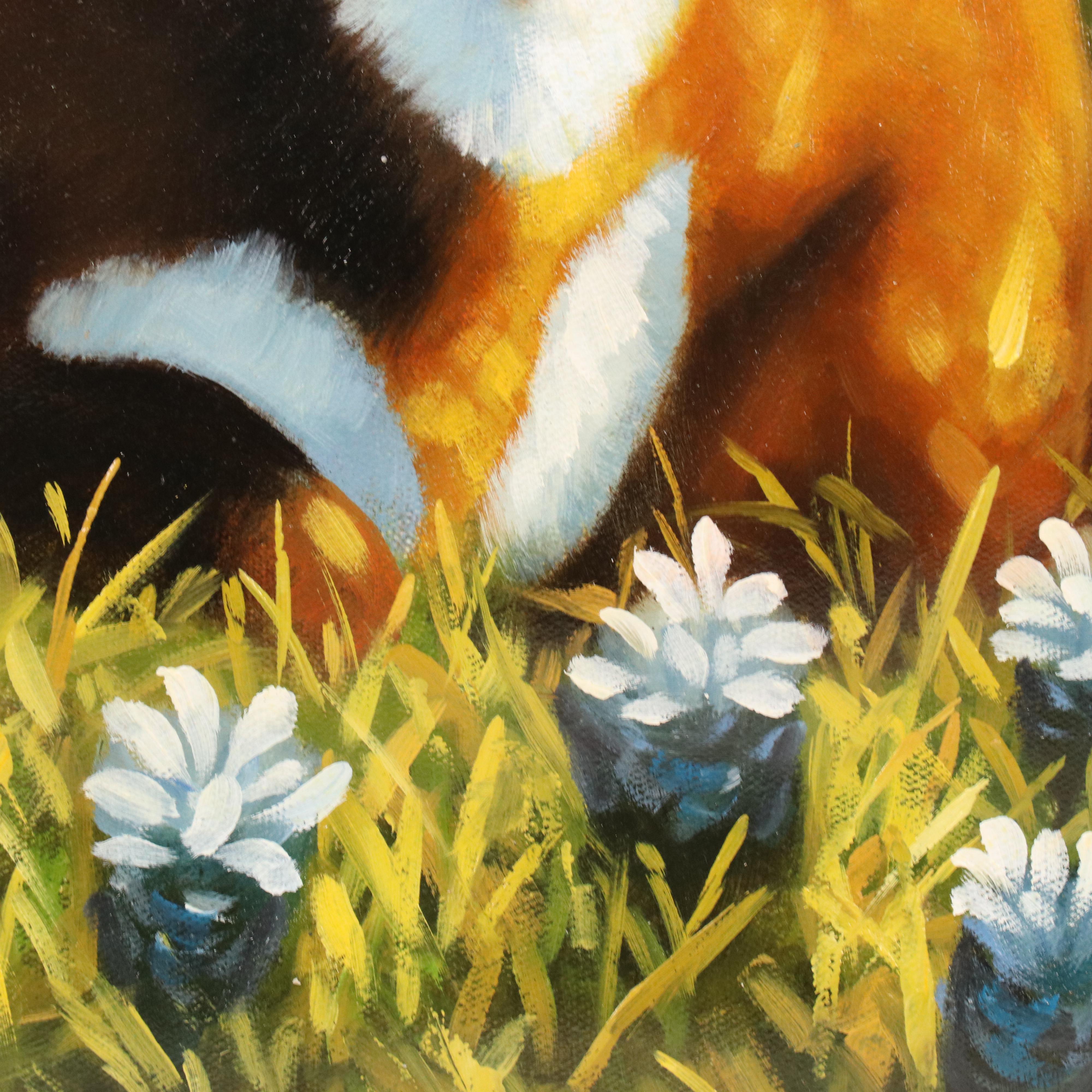 Castello Oil Painting of Cow with Blue Flowers, 21st Century