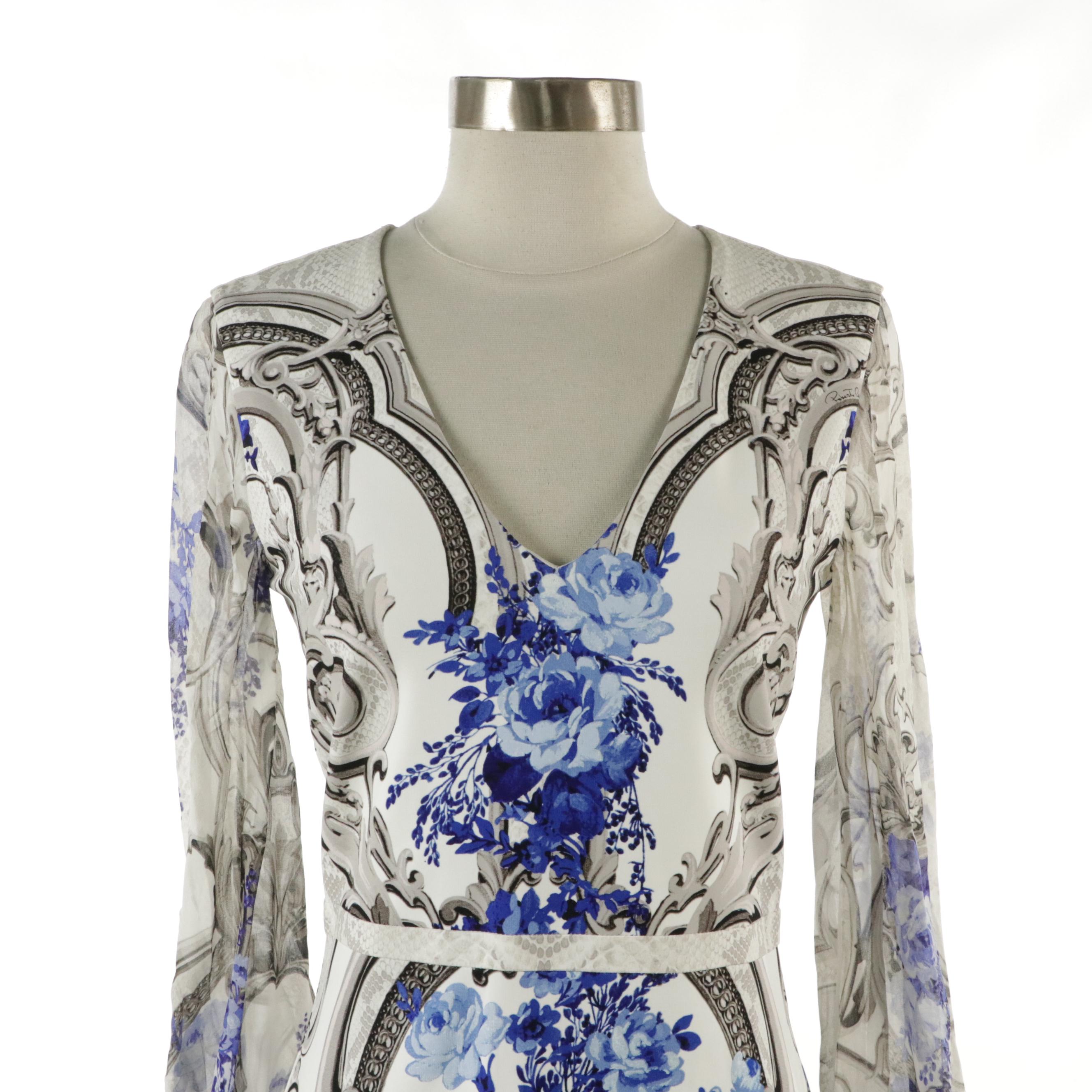 Roberto Cavalli Floral Baroque Print V-Neck Dress in Viscose Blend