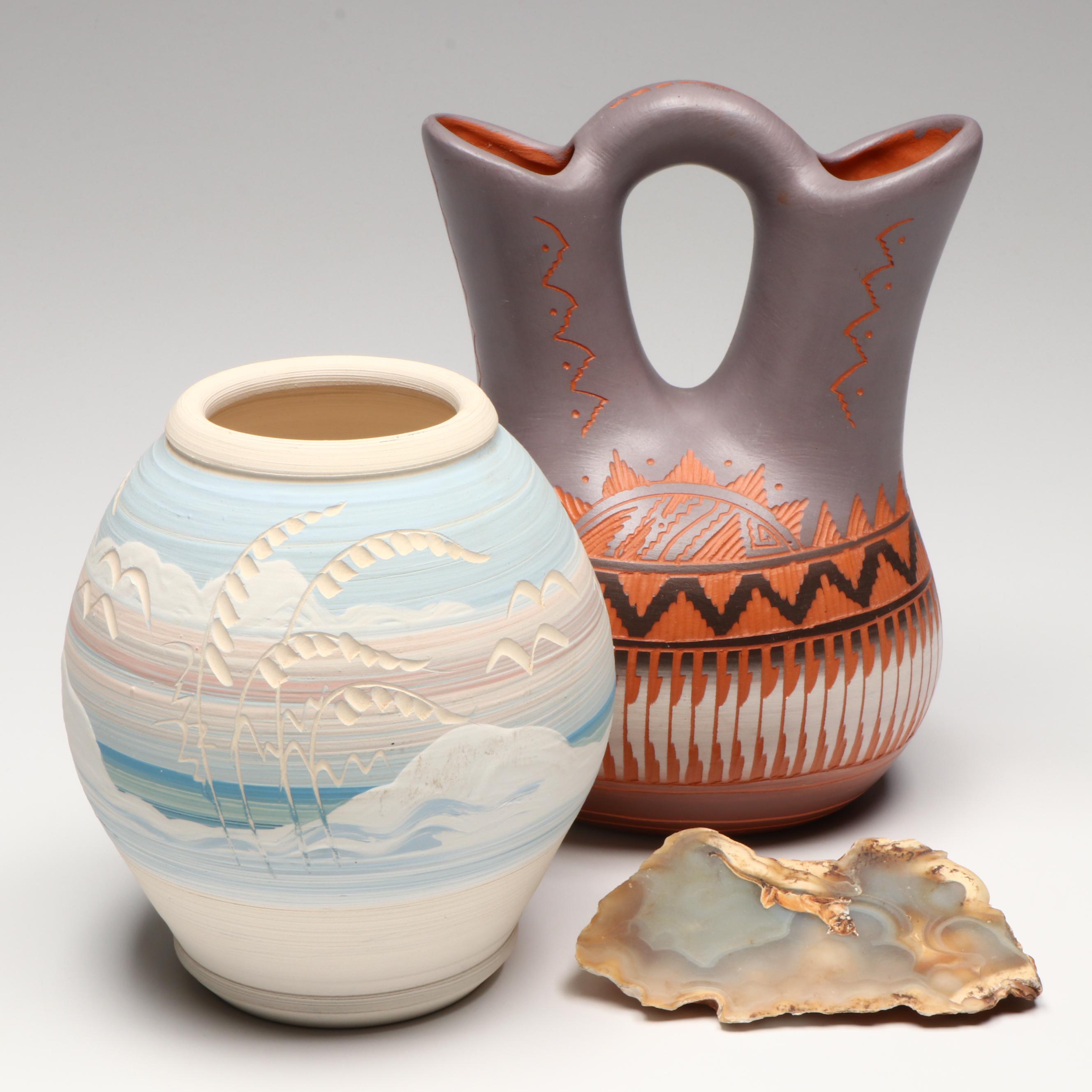 Aaron Watchman Navajo Wedding Vase, Beach House Pottery and Agate Section