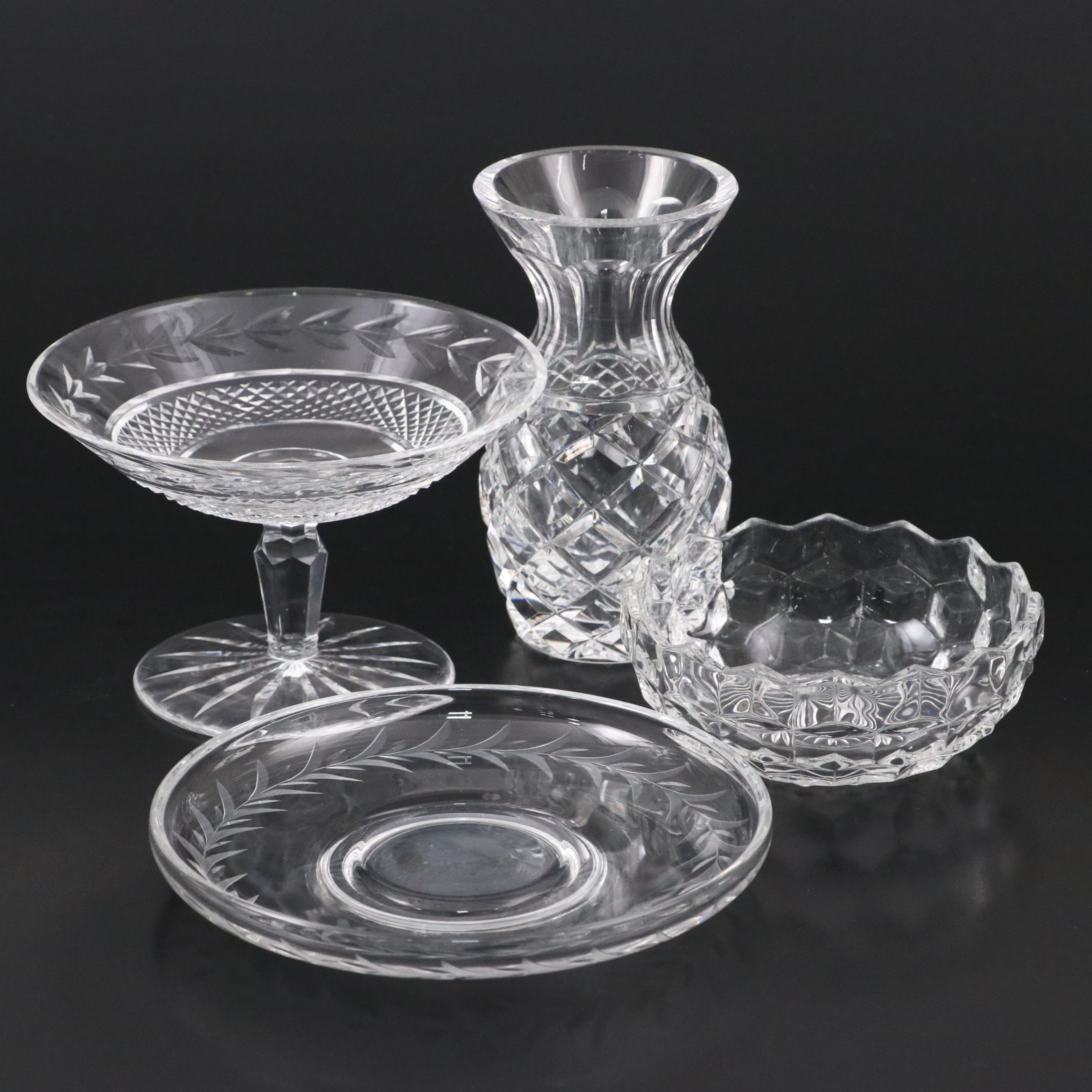 Waterford "Glandore" Crystal Compote and Vase with Fostoria Bowl and Other Glass