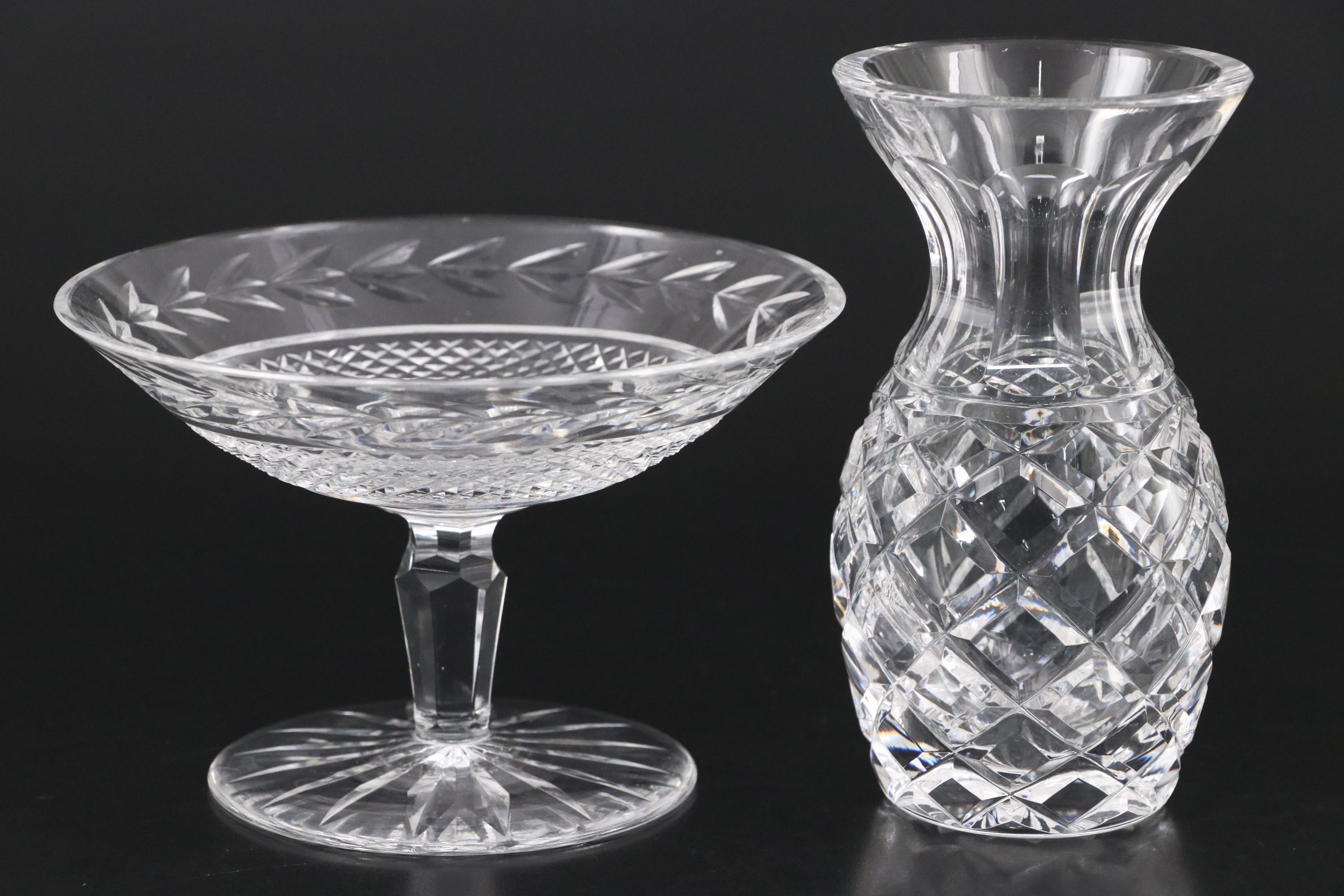 Waterford "Glandore" Crystal Compote and Vase with Fostoria Bowl and Other Glass