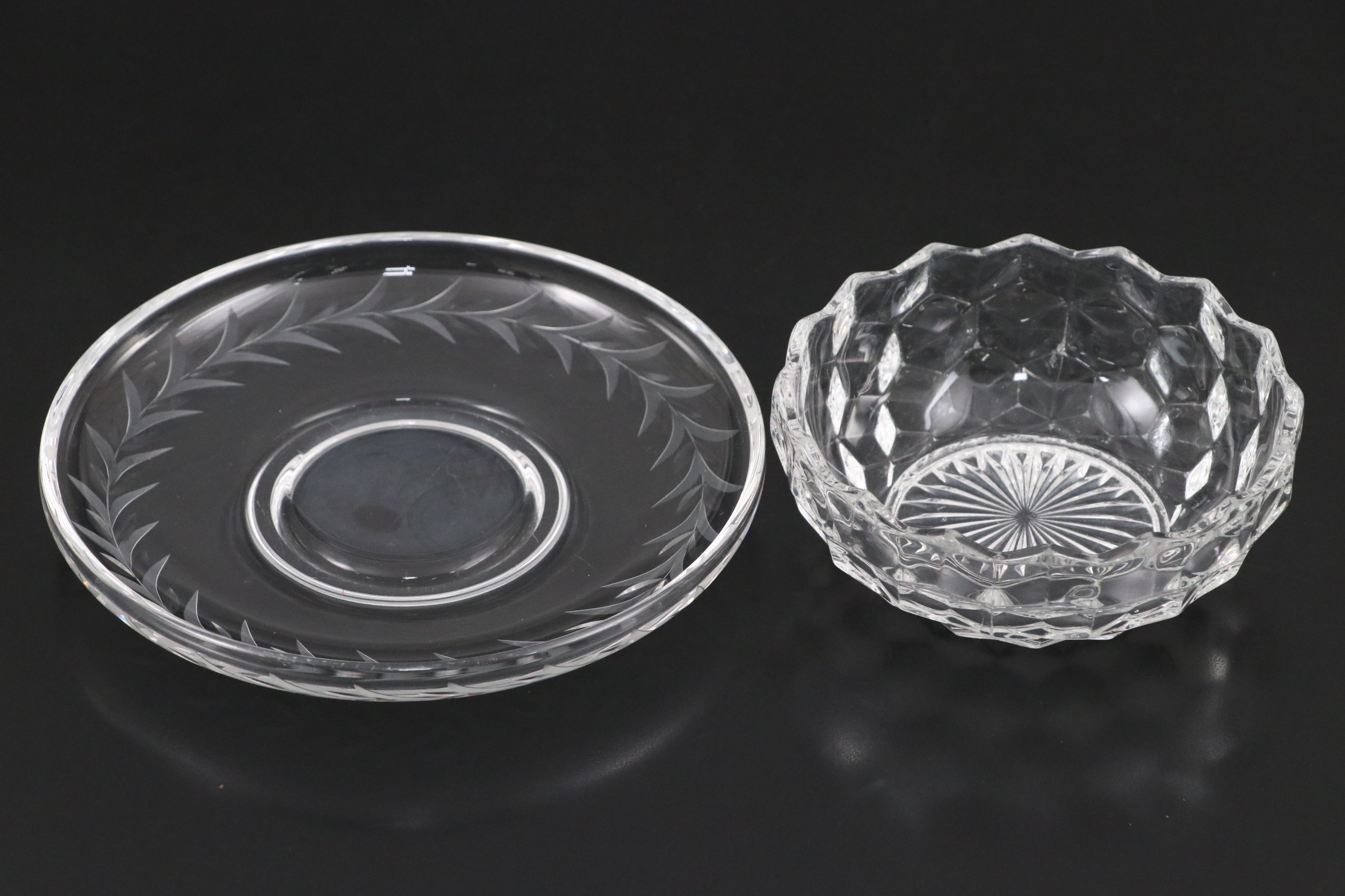 Waterford "Glandore" Crystal Compote and Vase with Fostoria Bowl and Other Glass