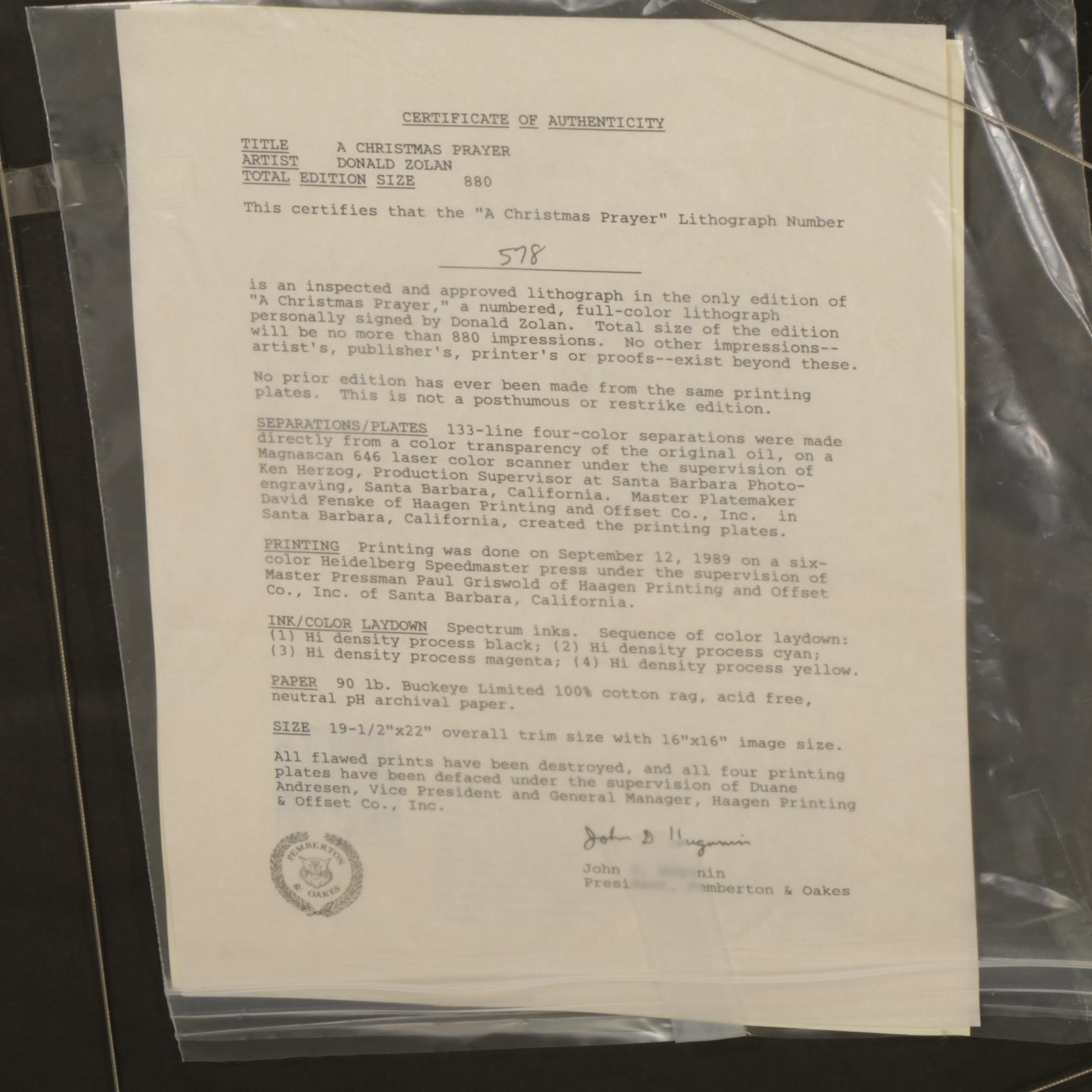 Donald Zolan "A Christmas Prayer" Offset Lithograph, 1989