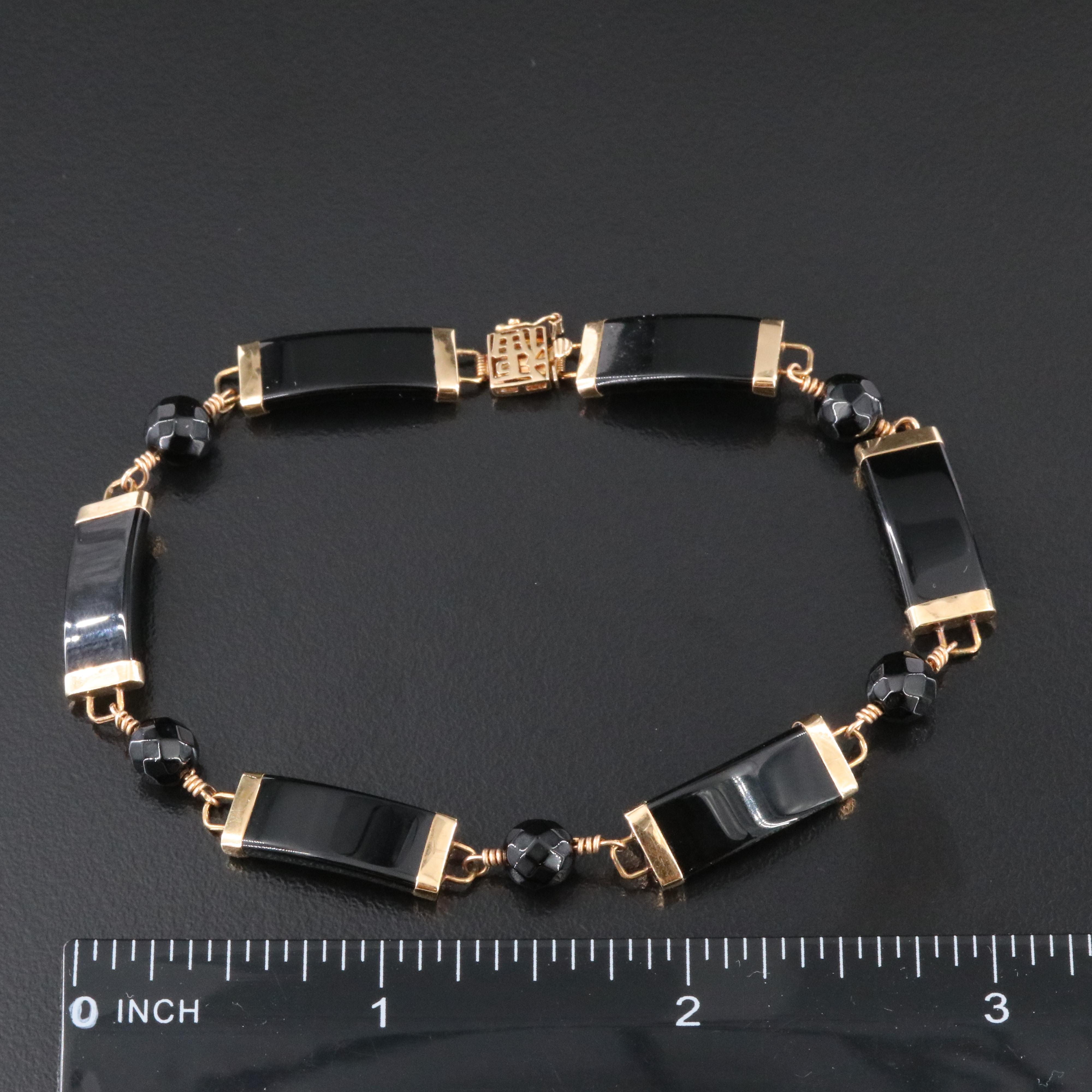 14K Black Onyx Bracelet with Chinese Good Fortune Clasp