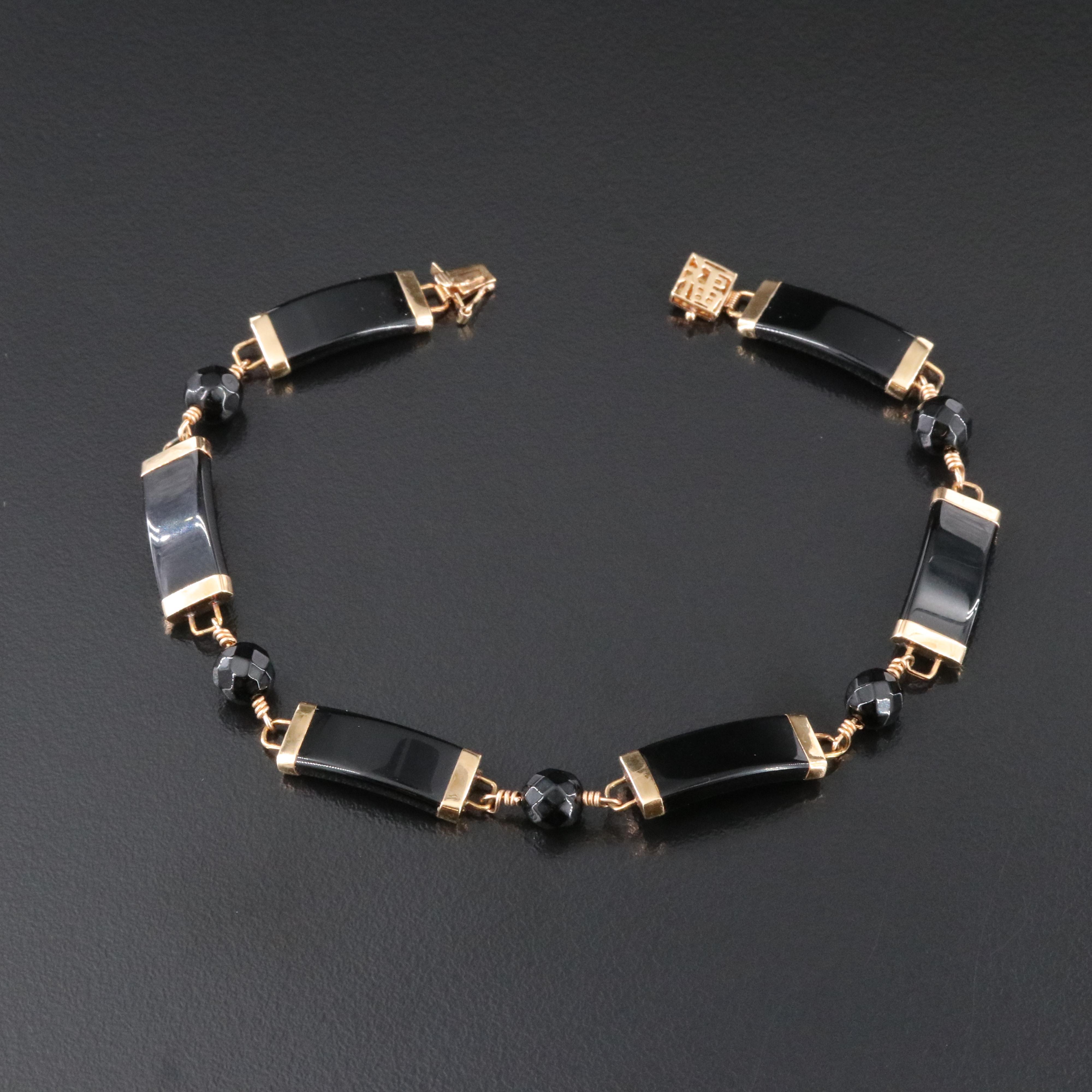 14K Black Onyx Bracelet with Chinese Good Fortune Clasp