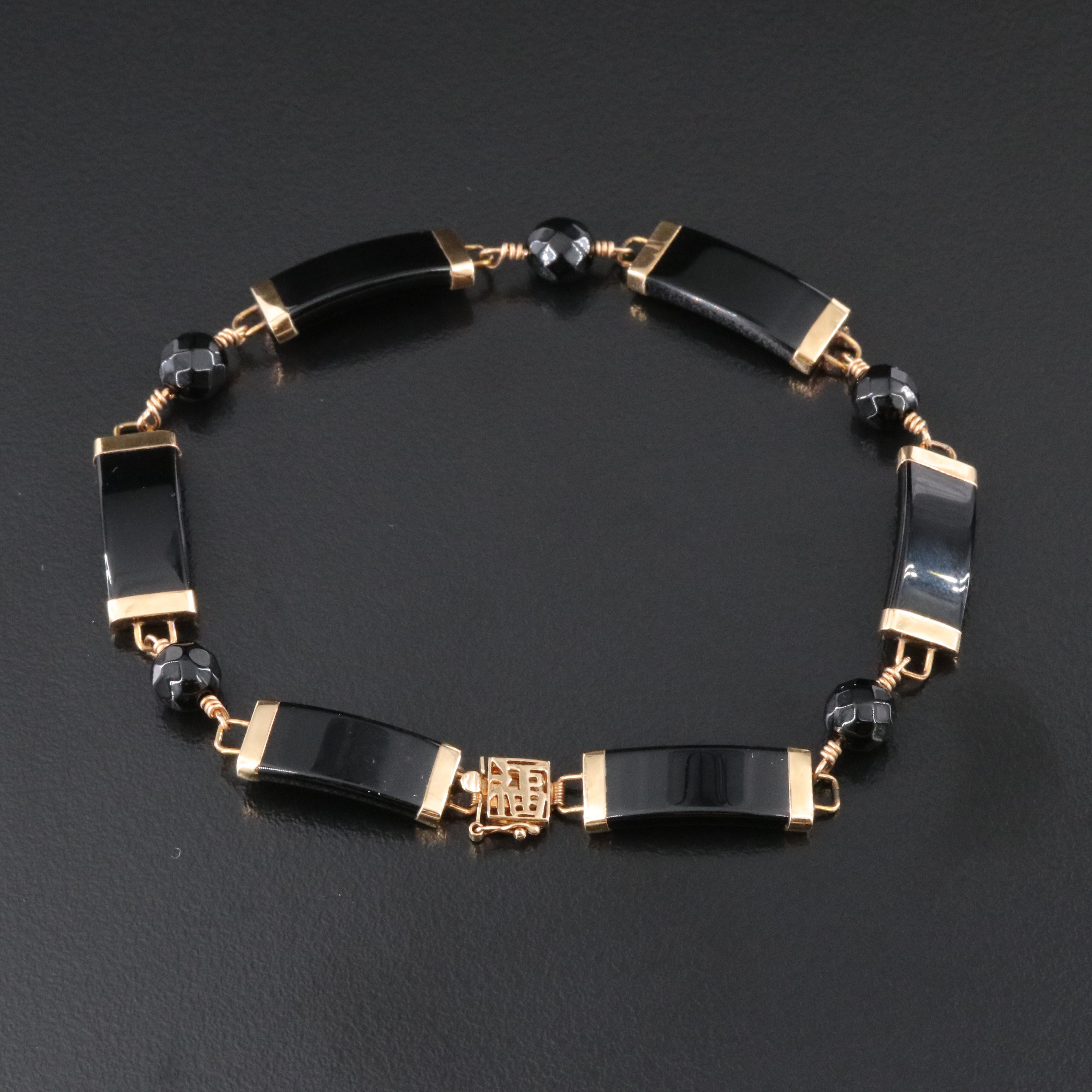 14K Black Onyx Bracelet with Chinese Good Fortune Clasp