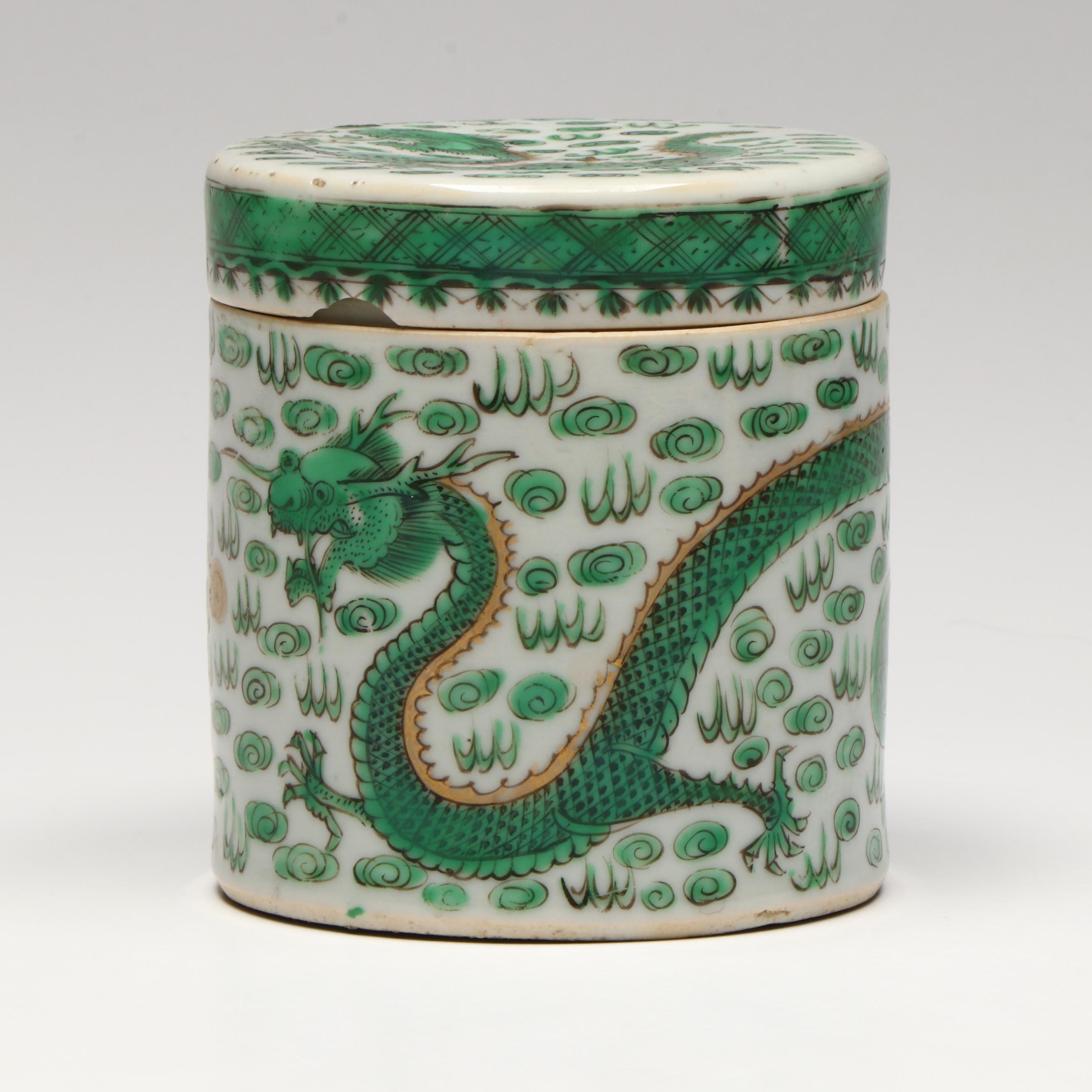 Chinese Porcelain and Enamel Dragon Lidded Cylindrical Vessel, Late 19th Century