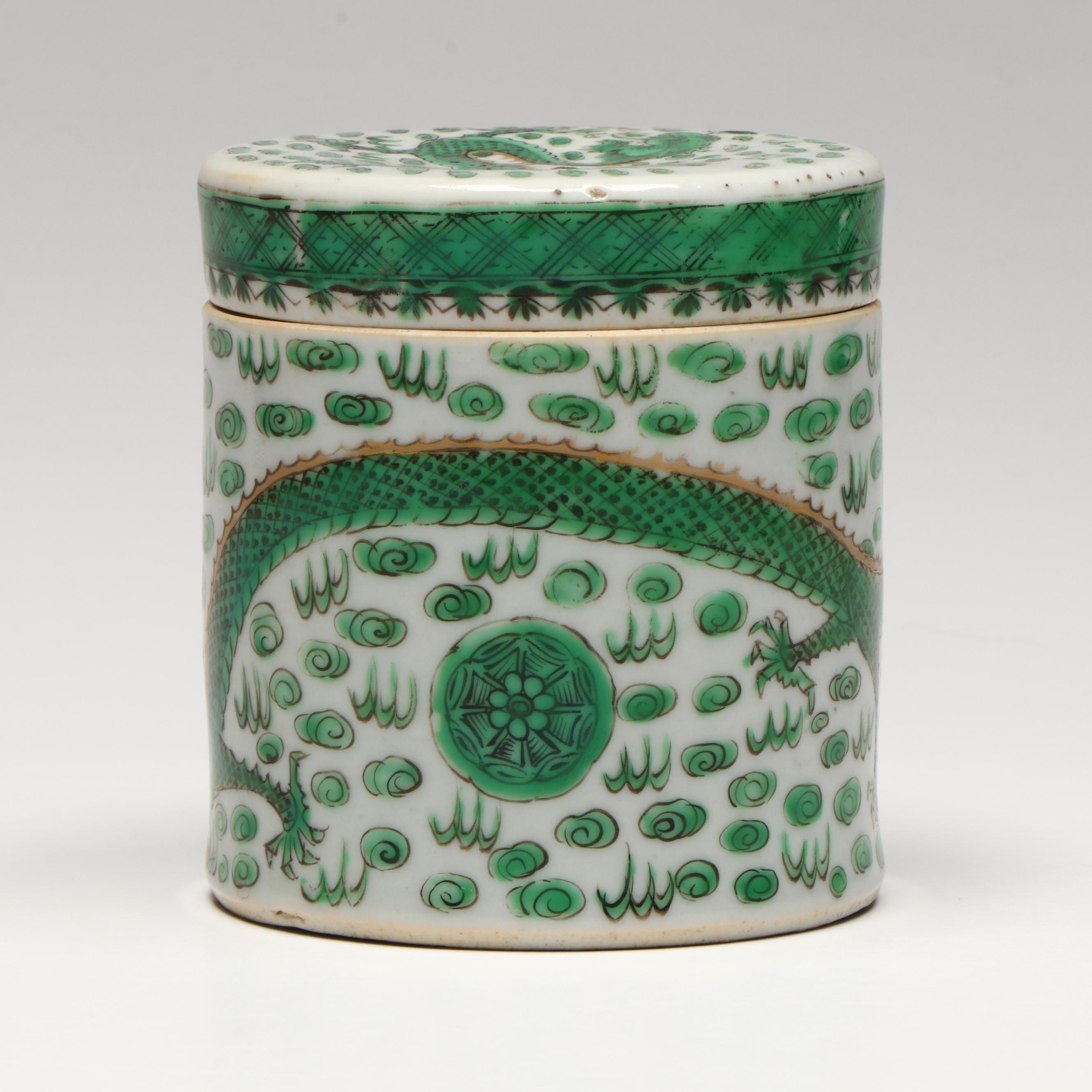Chinese Porcelain and Enamel Dragon Lidded Cylindrical Vessel, Late 19th Century