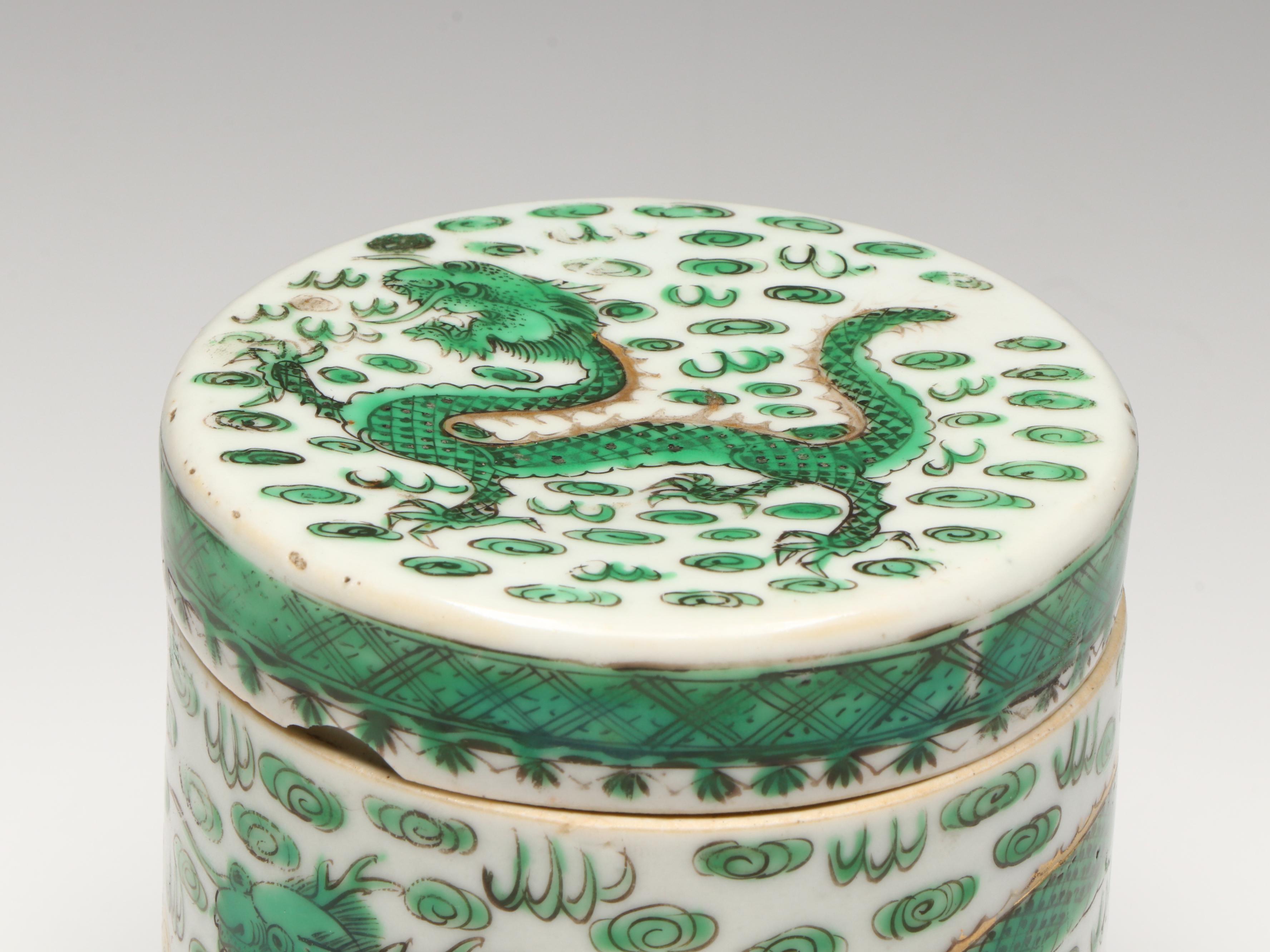 Chinese Porcelain and Enamel Dragon Lidded Cylindrical Vessel, Late 19th Century