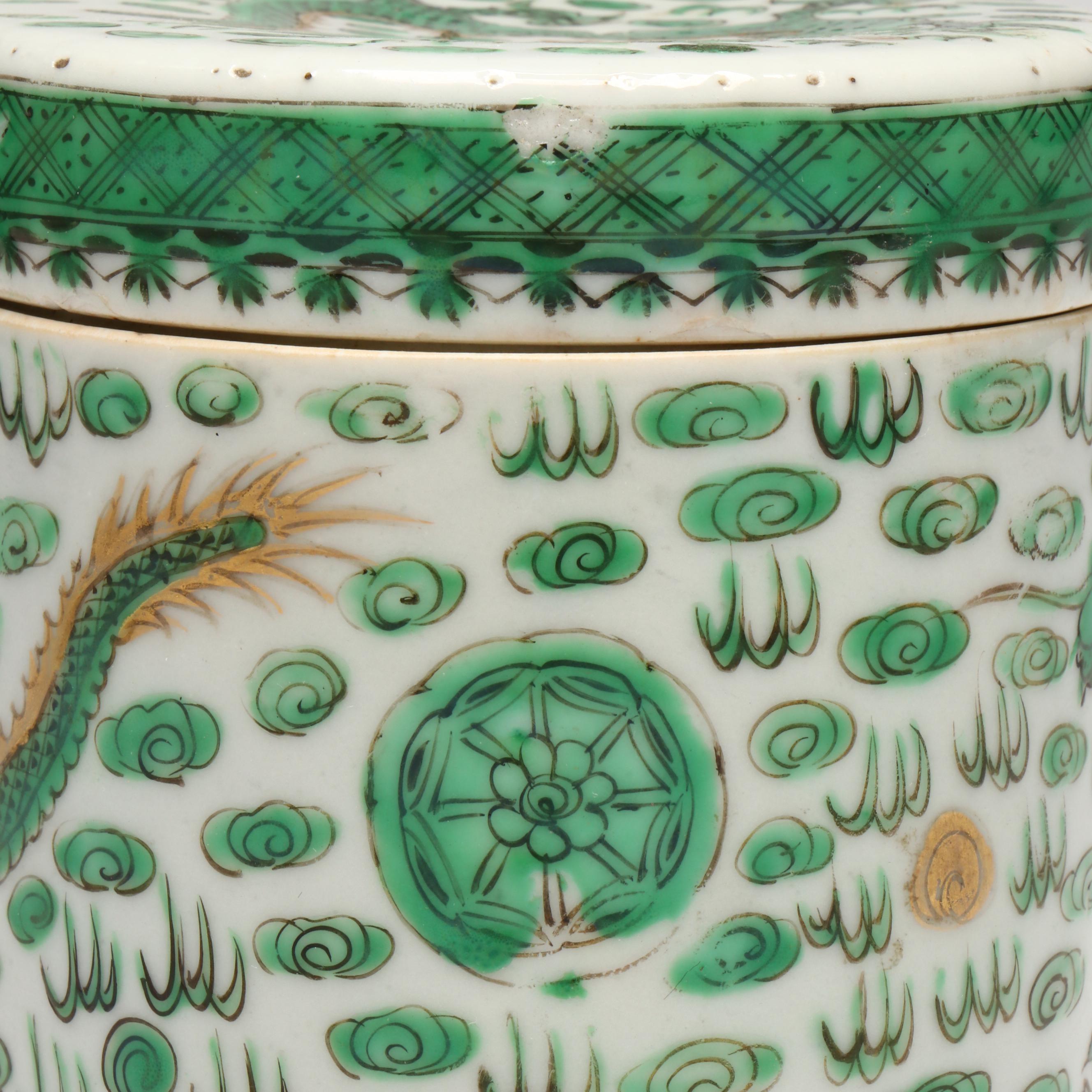 Chinese Porcelain and Enamel Dragon Lidded Cylindrical Vessel, Late 19th Century