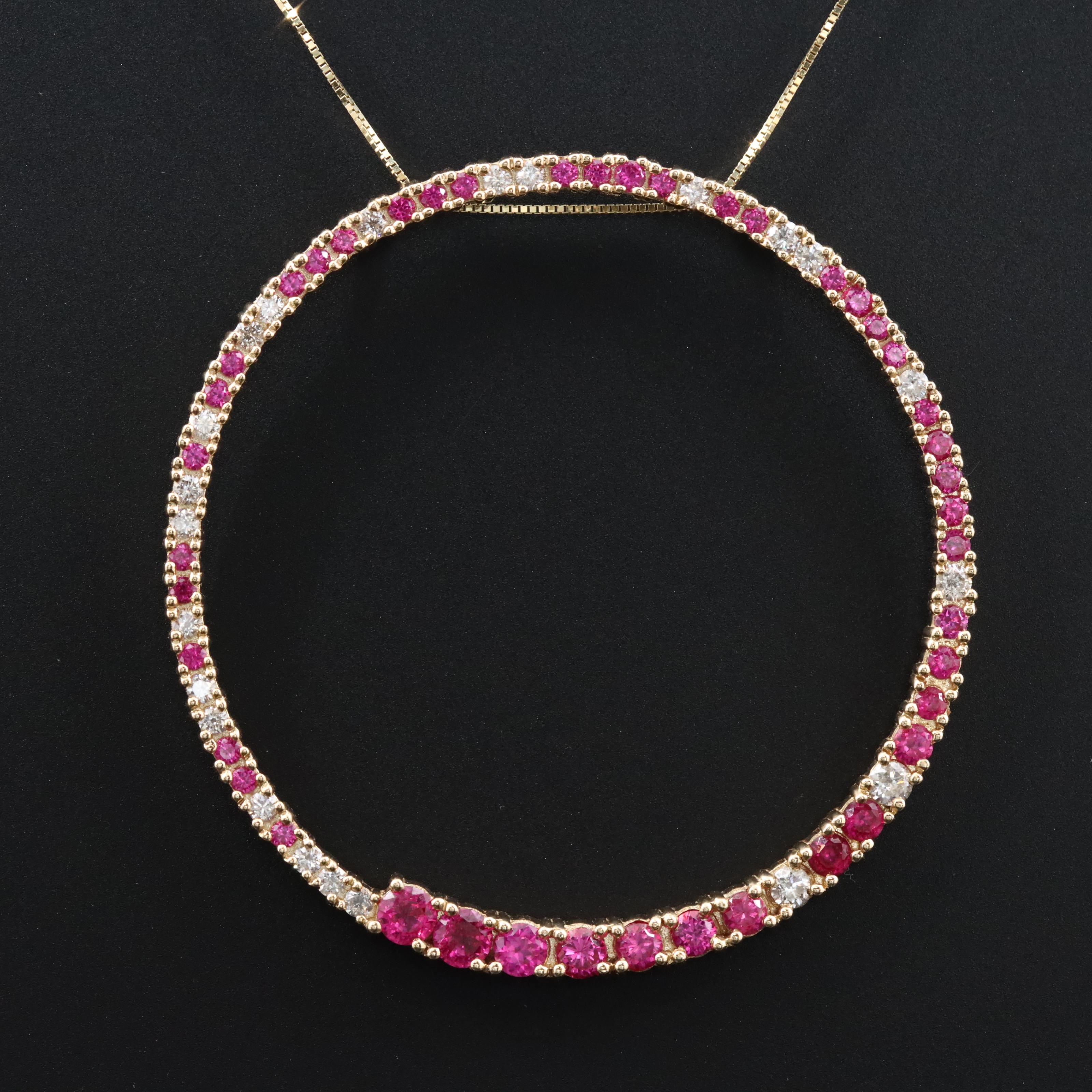 14K Ruby and Diamond Circle Pendant Necklace