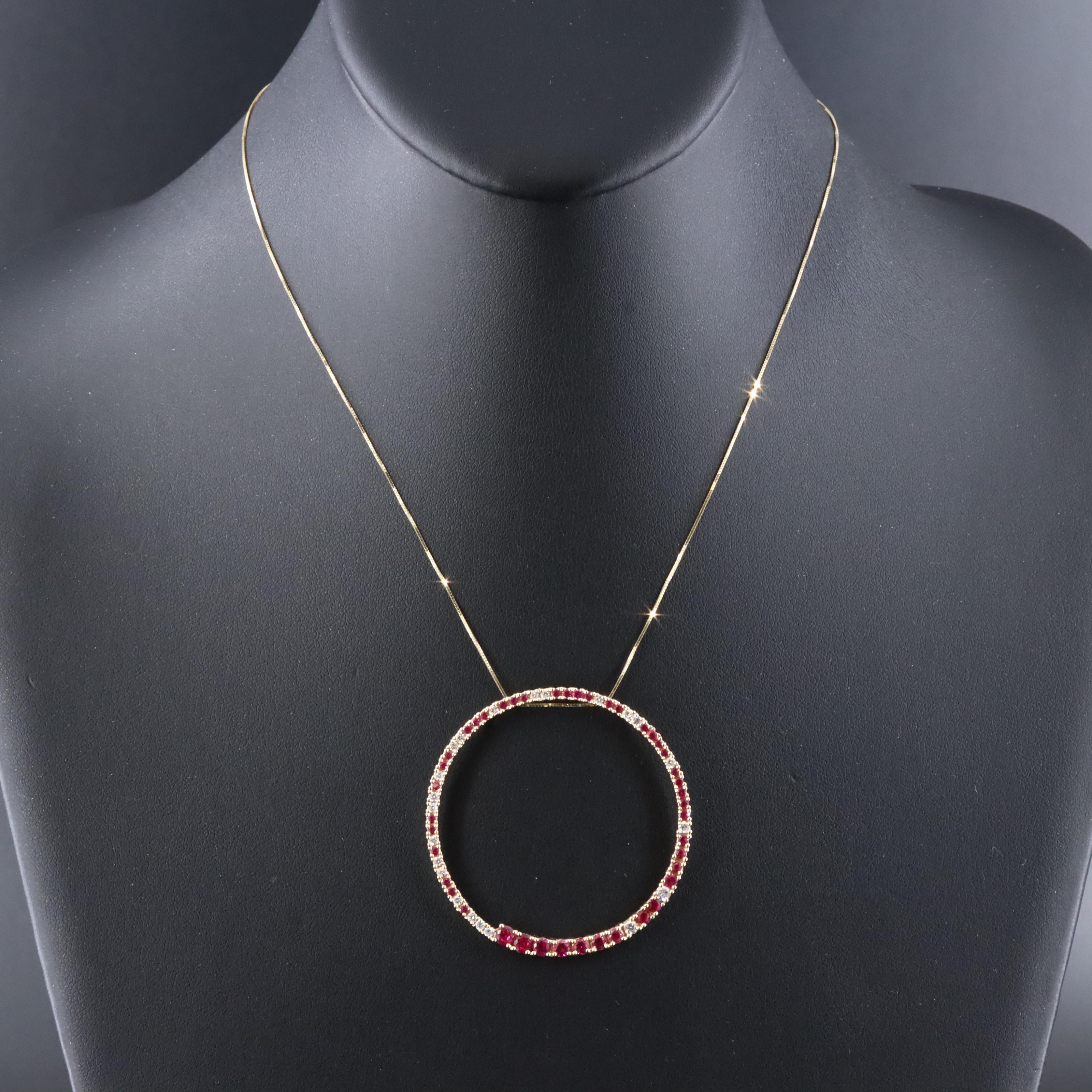 14K Ruby and Diamond Circle Pendant Necklace