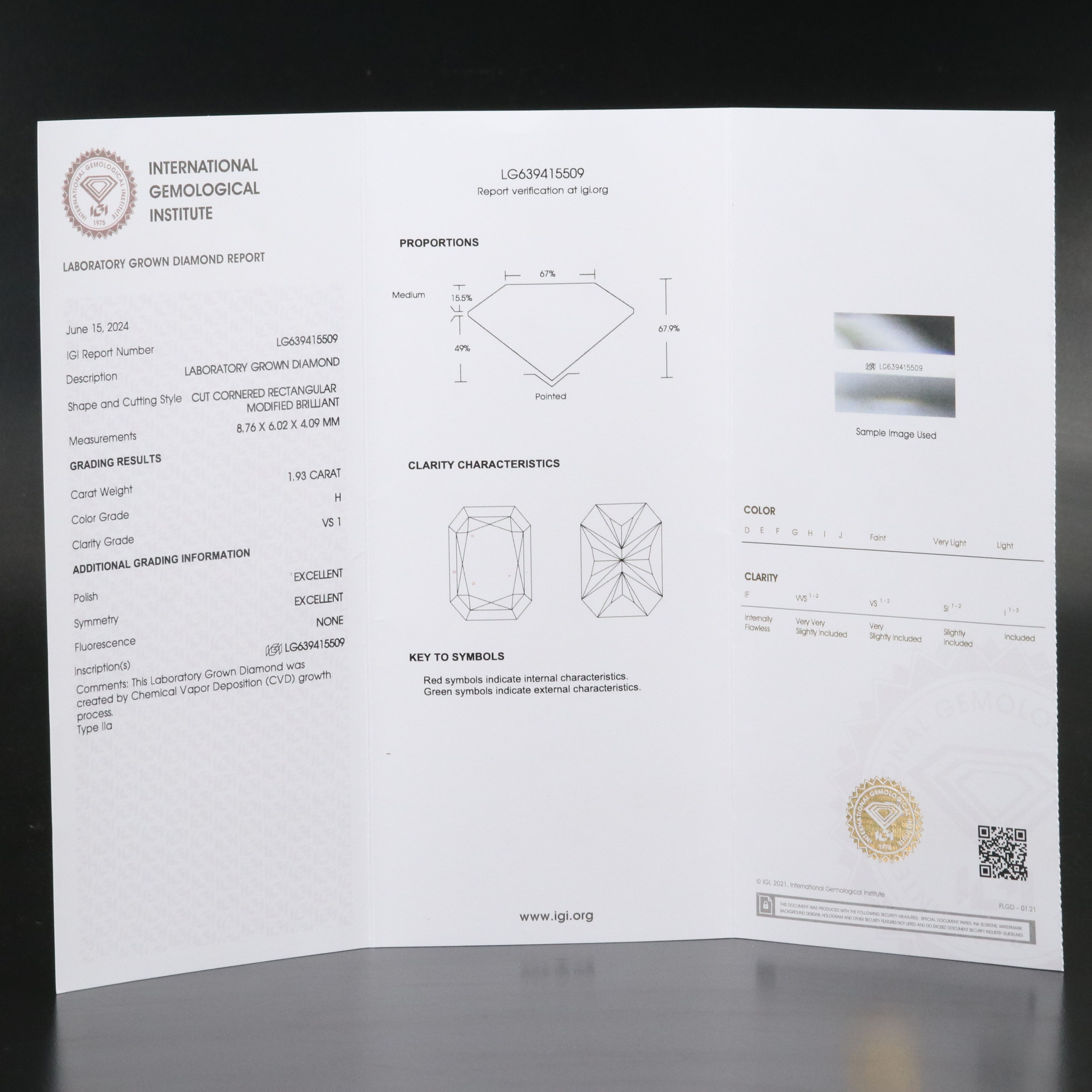 Loose 1.93 CT Lab Grown Diamond with IGI Report